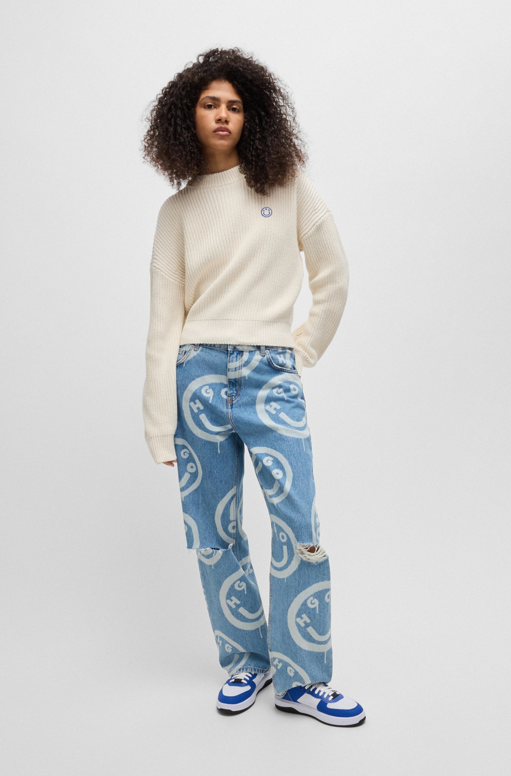 HUGO Blue Strickpullover »Slogery«, mit "Happy Hugo" Badge