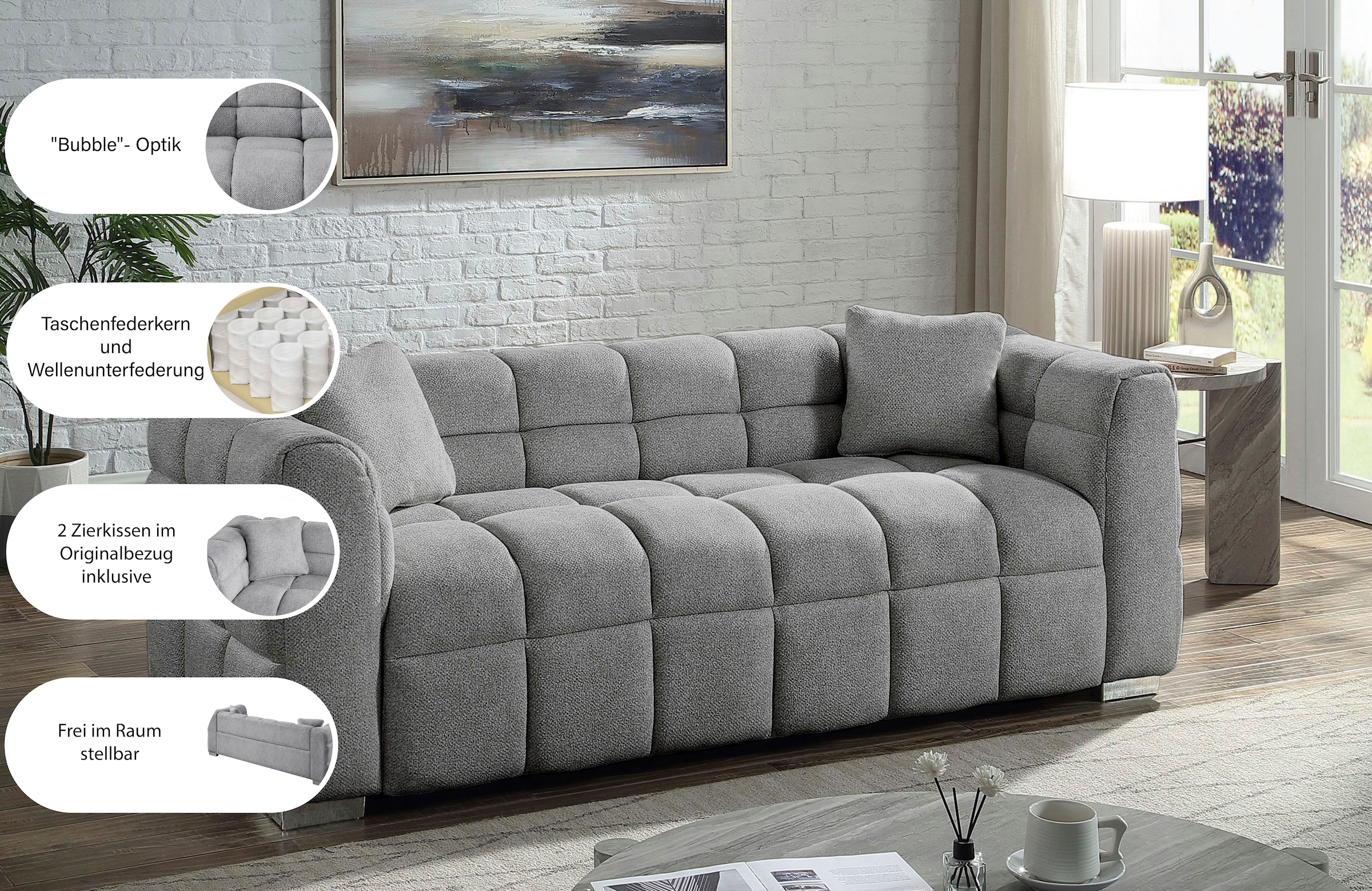 ATLANTIC home collection Big-Sofa »Thor Design-Sofa mit Steppung, Bubble-Optik, B:190cm« "Bubble"-3D Optik Sofa mit Taschenfederkern, inkl. Zierkissen