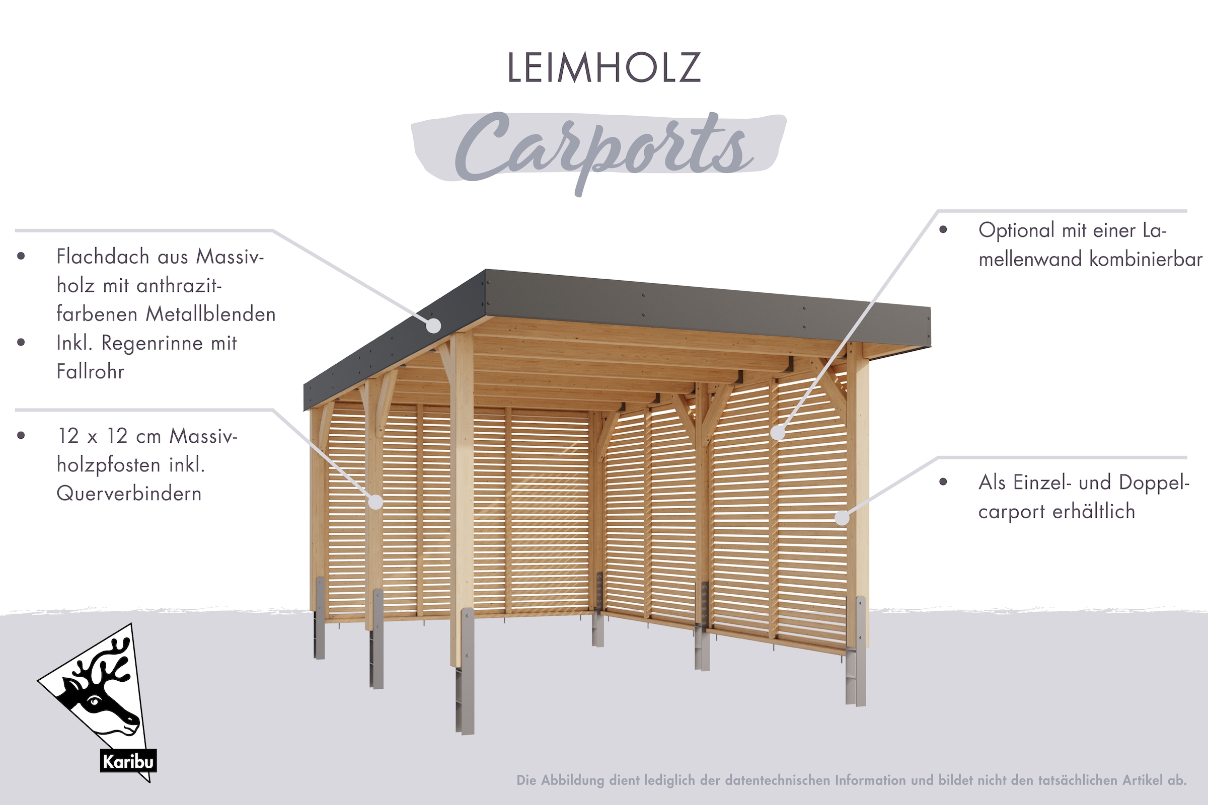 Karibu Doppelcarport Leimholz 528 cm naturbelassen aus kesseldruckimprägniertem Massivholz