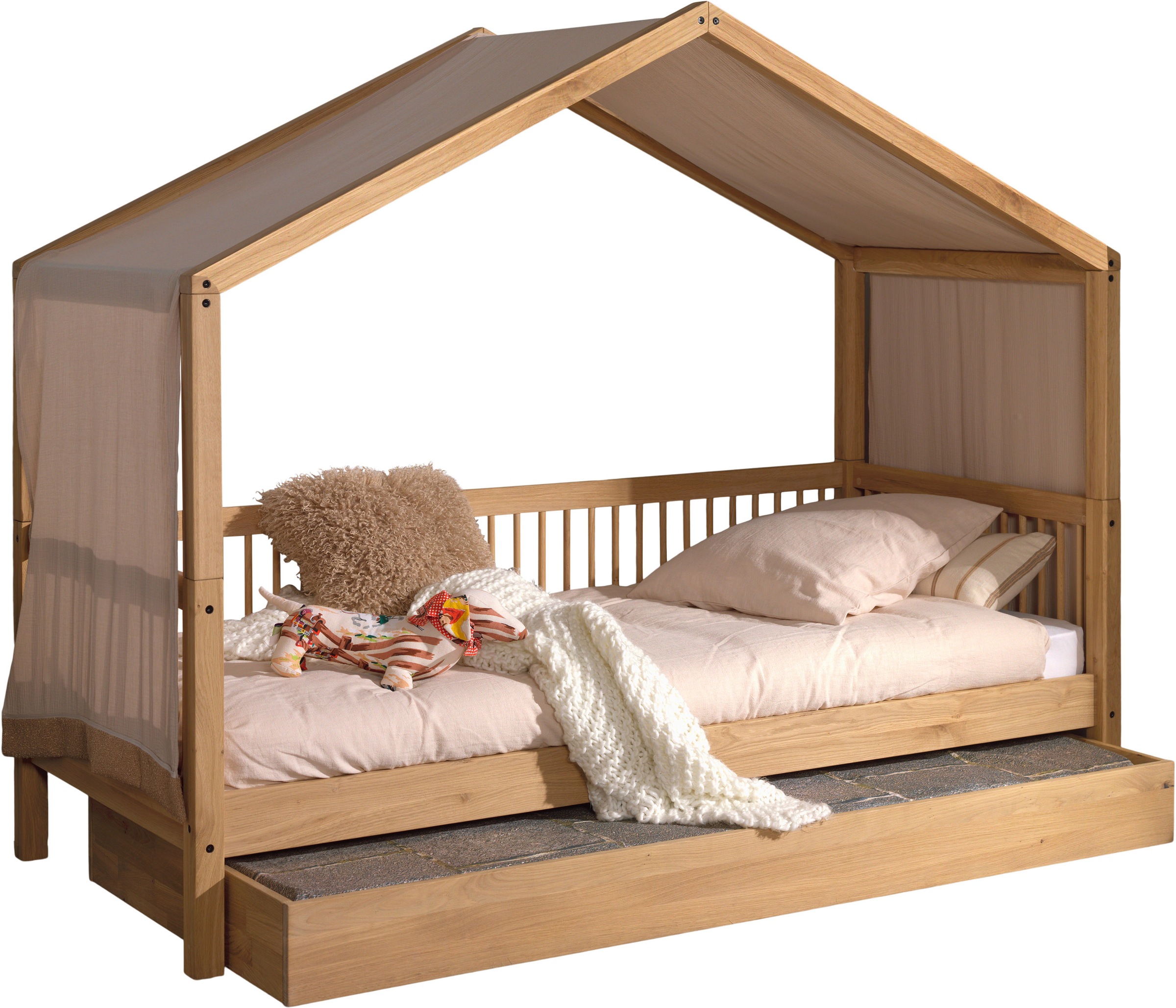 Home affaire Hausbett »Eiche massiv geölt, Made in Europe, langlebige Qualität«, (B/H/T ca. 207,5x170x97,5cm, inkl. Dachaufbau und Massivholz Lattenrost), Liegefläche 90x200 cm, inkl. Textilhimmel und Bettschublade