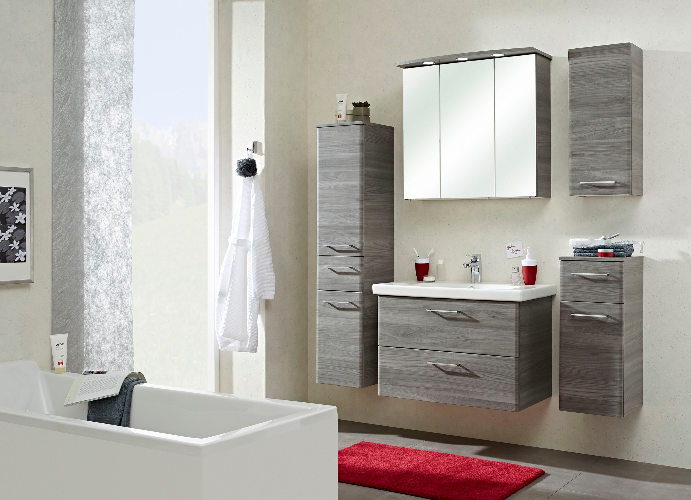 Saphir Hängeschrank »Quickset 916 Wand-Badschrank 30 cm breit mit 1 Tür, 2 Einlegeböden«, Badezimmer-Hängeschrank Sangallo Grau quer Nachbildung