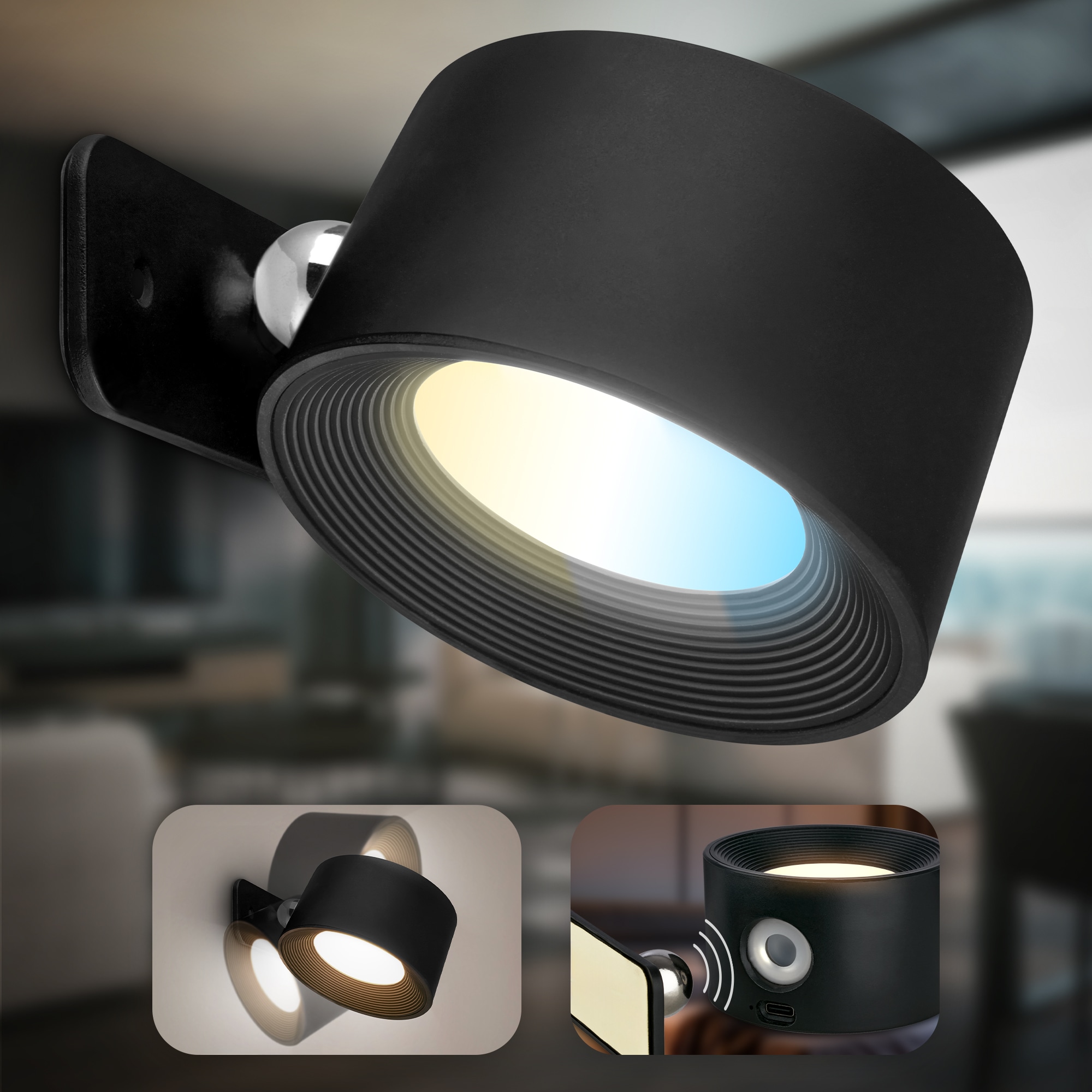 B.K.Licht LED Wandleuchte »BKL1597 Magnetische Akku Wandlampe, 3-Stufen Dimmer, mit USB-C« LED-Modul 1 Stk. Tageslichtweiß CCT-Funktion, 150Lm, 2W, 14h Leuchtdauer, 4,5 x 8 x 9,5 cm, Schwarz