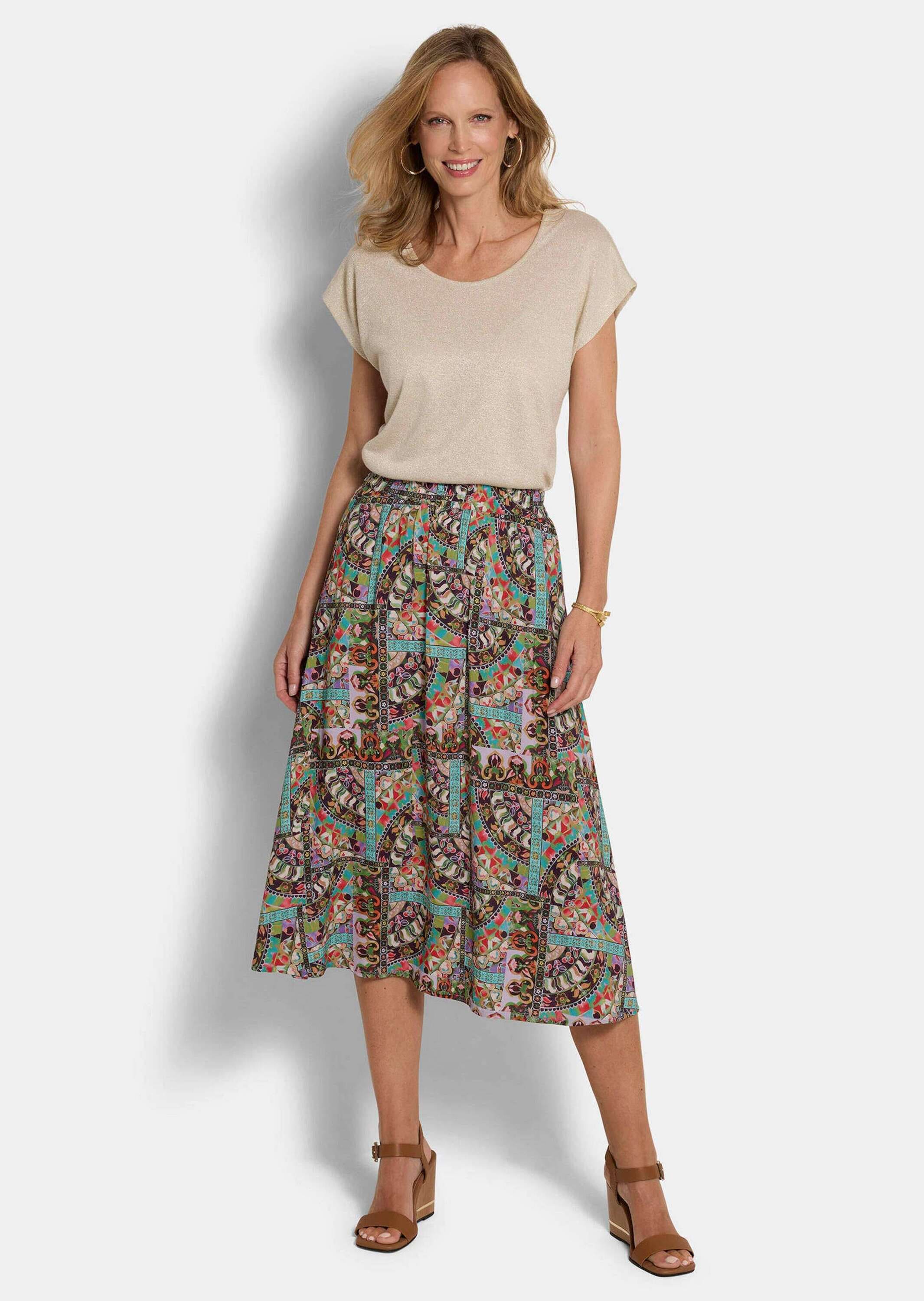 GOLDNER Midirock »Kurzgröße Viskoserock mit Patch-Druck« Nahttaschen an der Seite