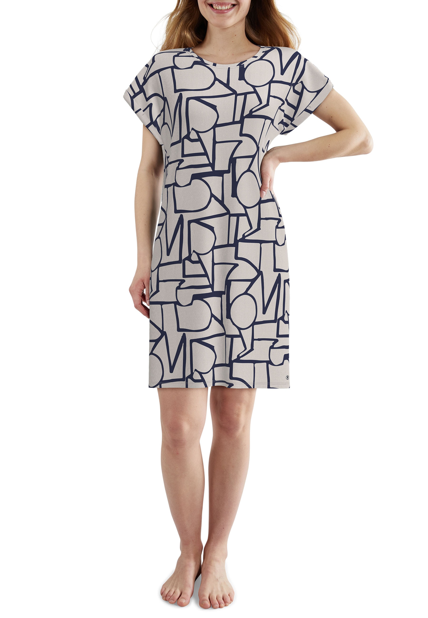 TOM TAILOR Nachthemd knielang, mit Muster, Kurzarm, Rundhalsausschnitt, Viskosemix