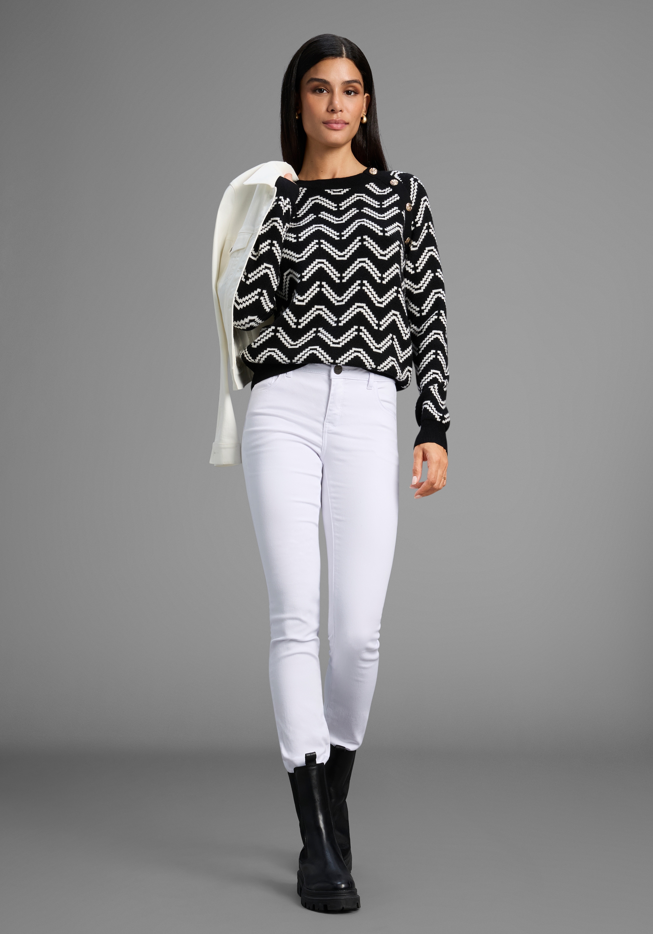 Laura Scott Rundhalspullover kuscheliger Strick mit Jaquardmuster und Knöpfen - NEUE KOLLEKTION