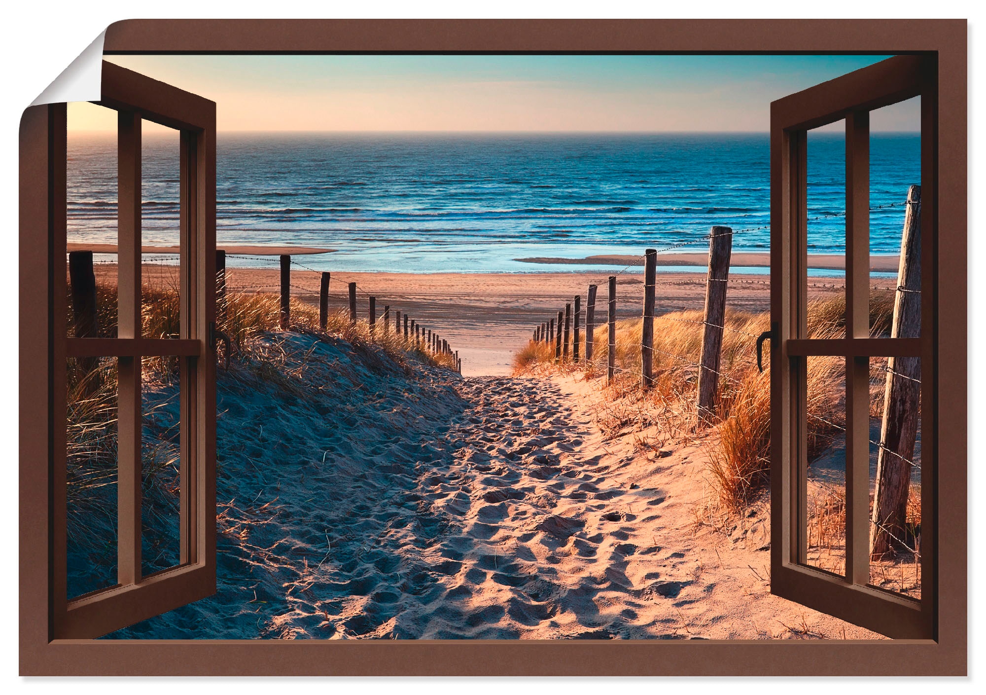 Größen Weg in Wandbild Artland St.), Shop oder »Fensterblick zum OTTO als Wandaufkleber im Nordseestrand«, Strand, (1 Online Poster Leinwandbild, versch.