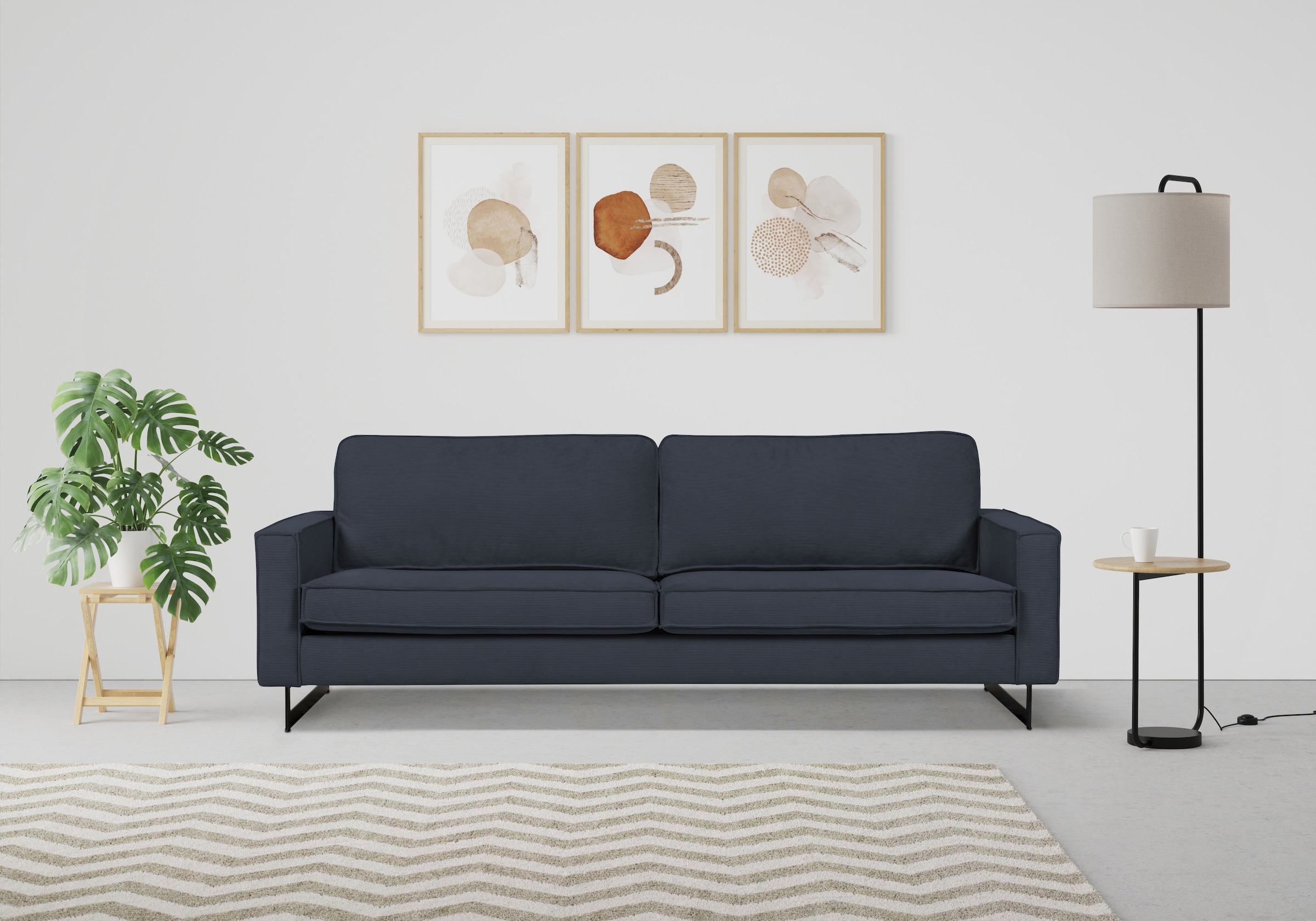 Places of Style 3-Sitzer »Maxi-Ausführung Pinto, 236 cm, Cord, Chenille, Lederoptik«, mit Keder, schwarze Metallfüße, Wellenunterfederung