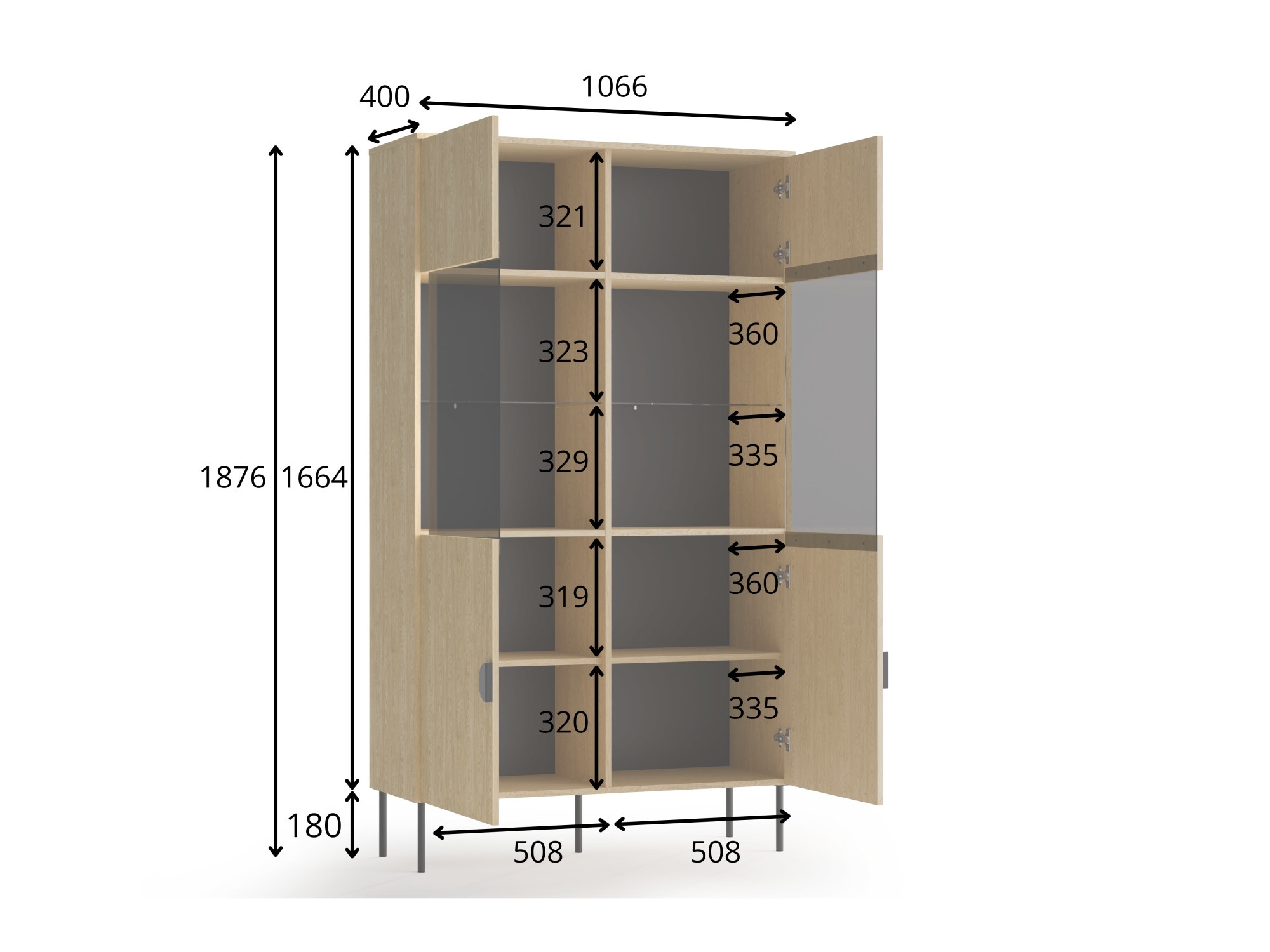 Home affaire Vitrine »BELLOT Vitrineschrank mit 2 Türen, verglast, mit viel Stauraum« Standvitrine/Glasvitrine, matt Hochschrank, Maße B/T/H: 106/40/187 cm