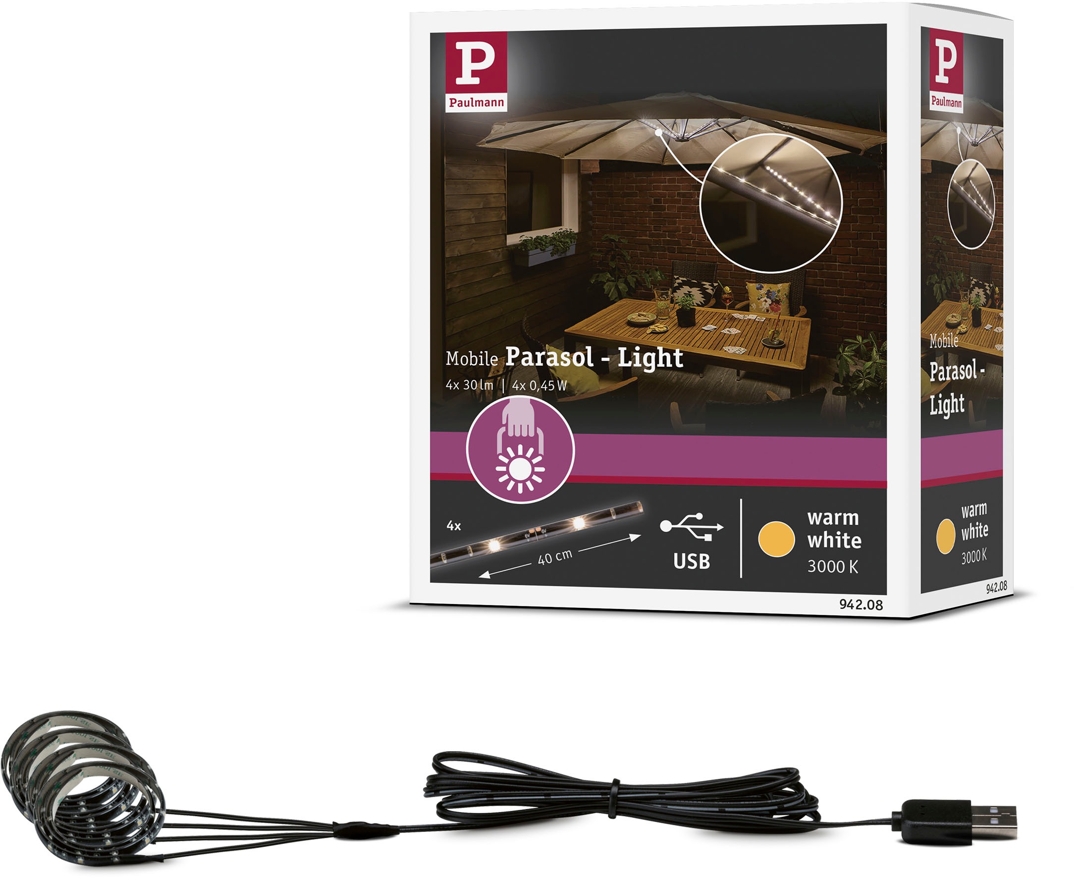 Paulmann LED-Lichterkette »Outdoor Mobile Parasol light 3000K 4x0,4m«, 4 St.-flammig, Schirmbeleuchtung