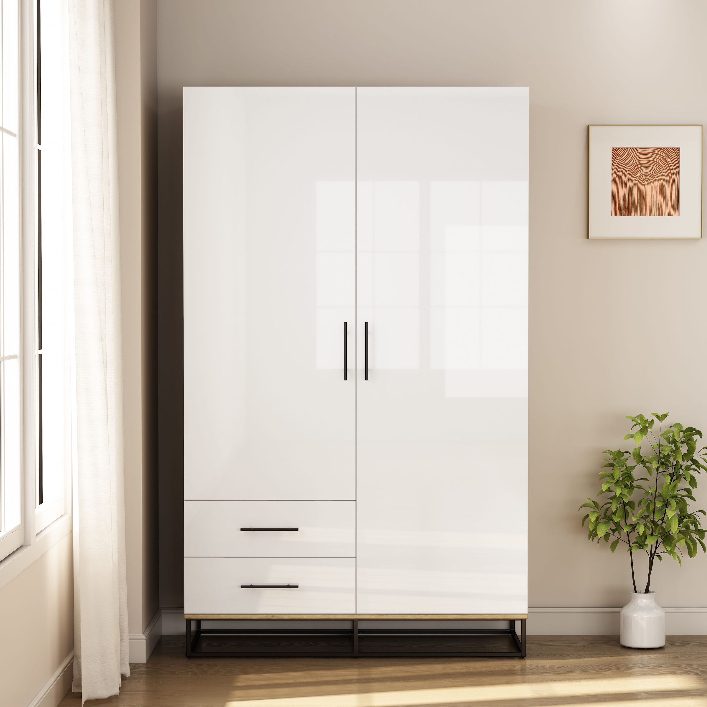 OTTO home Kleiderschrank »Lucca Schlafzimmerschrank Garderobe Hochglanz Bestseller« Hochwertige schwarze Griffe und Kufengestell aus Metall,  Schlafzimmerschrank mit 2 Türen und 2 Schubladen, Breite 120cm