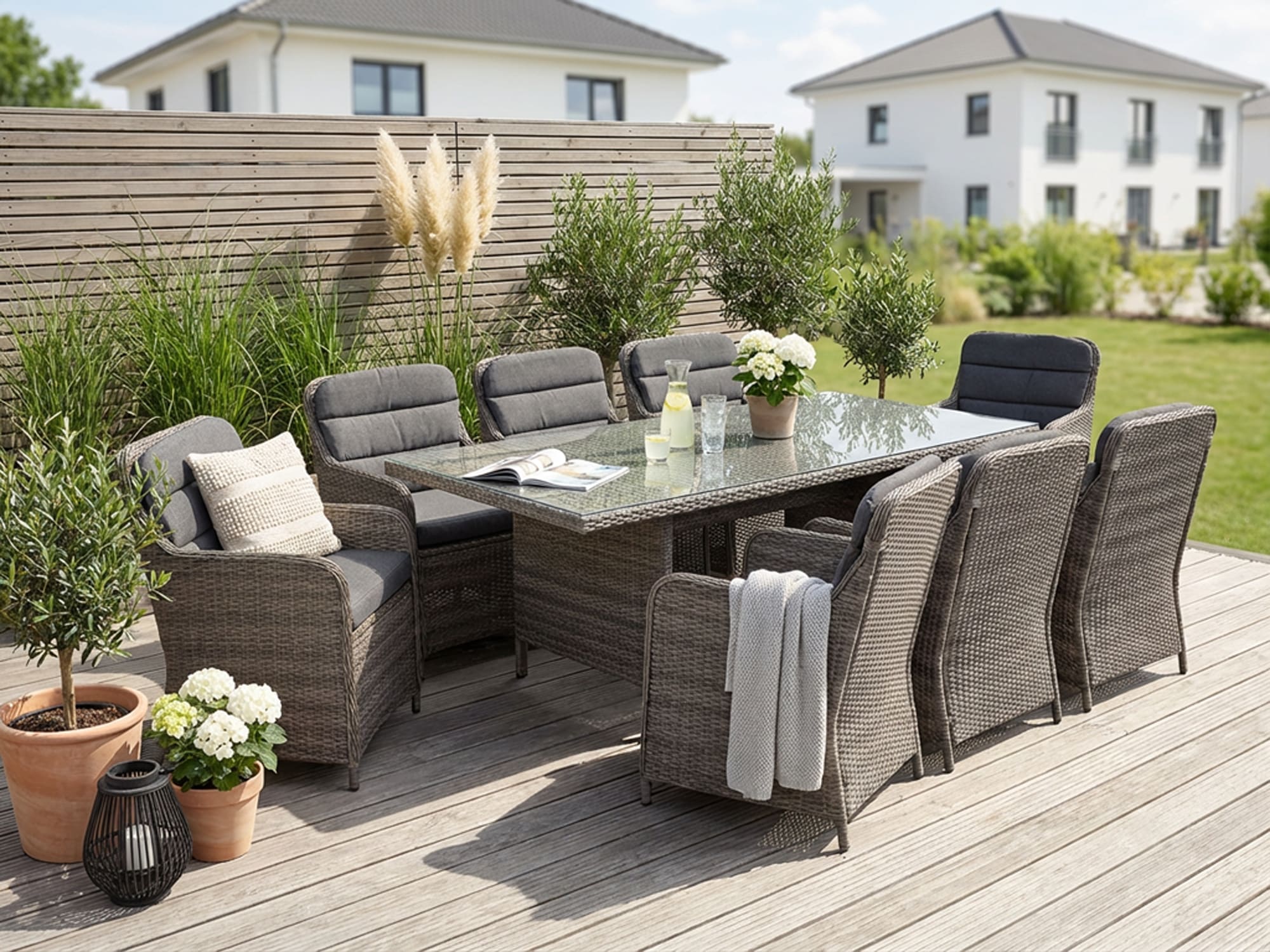 KONIFERA »Kairo« Set, 8x Sessel, 1x Tisch 200x100x74 cm, inkl. Auflagen, Dunkelgrau, 25 Stk. tlg. Polyrattan, Stahl, Tischplatte aus 5mm starkem Sicherheitsglas