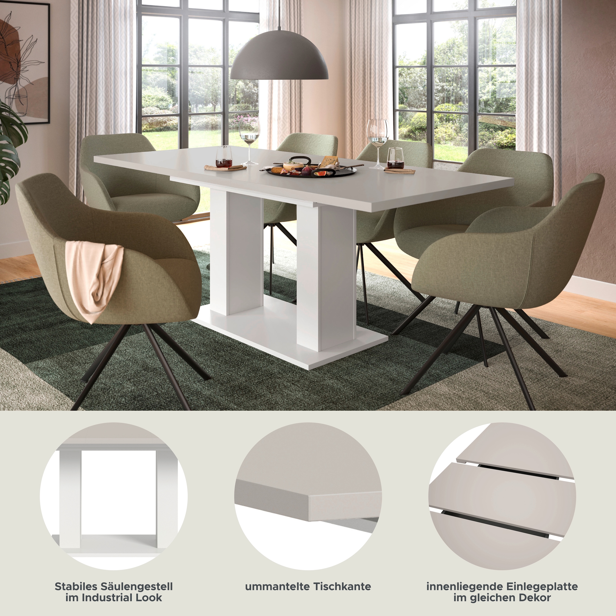 Home affaire Esstisch »Motus, ausziehbar 150 -190 cm, inklusive 40 cm Einlegeplatte« Set, 1 Stk. tlg. Doppelsäulengestell mit Bodenplatte, Tisch, Esstisch, Küche