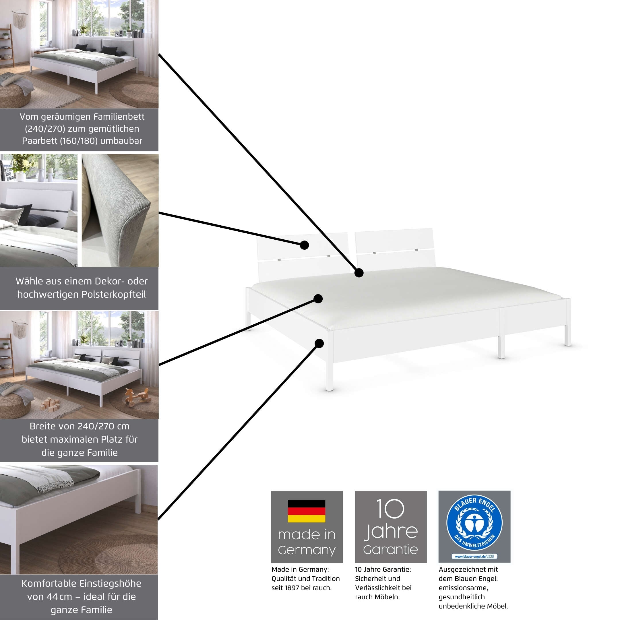 rauch Bett »Familienbett XXL Familiengröße Ehebett Doppelbett umbaubar«, Liegefläche 240x200 270x200 verschiedene Kopfteile MADE IN GERMANY