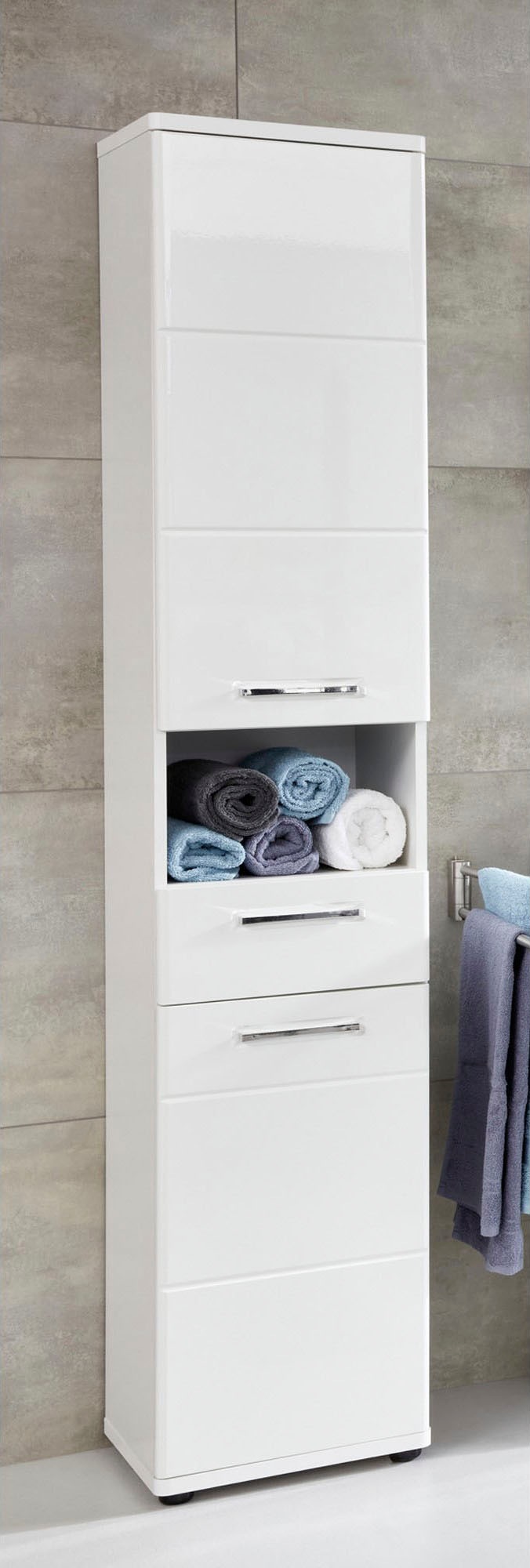 welltime Hochschrank »Mora«, Weißer Badschrank mit Schublade und 2 Türen - (B/T/H) 37/34/189 cm
