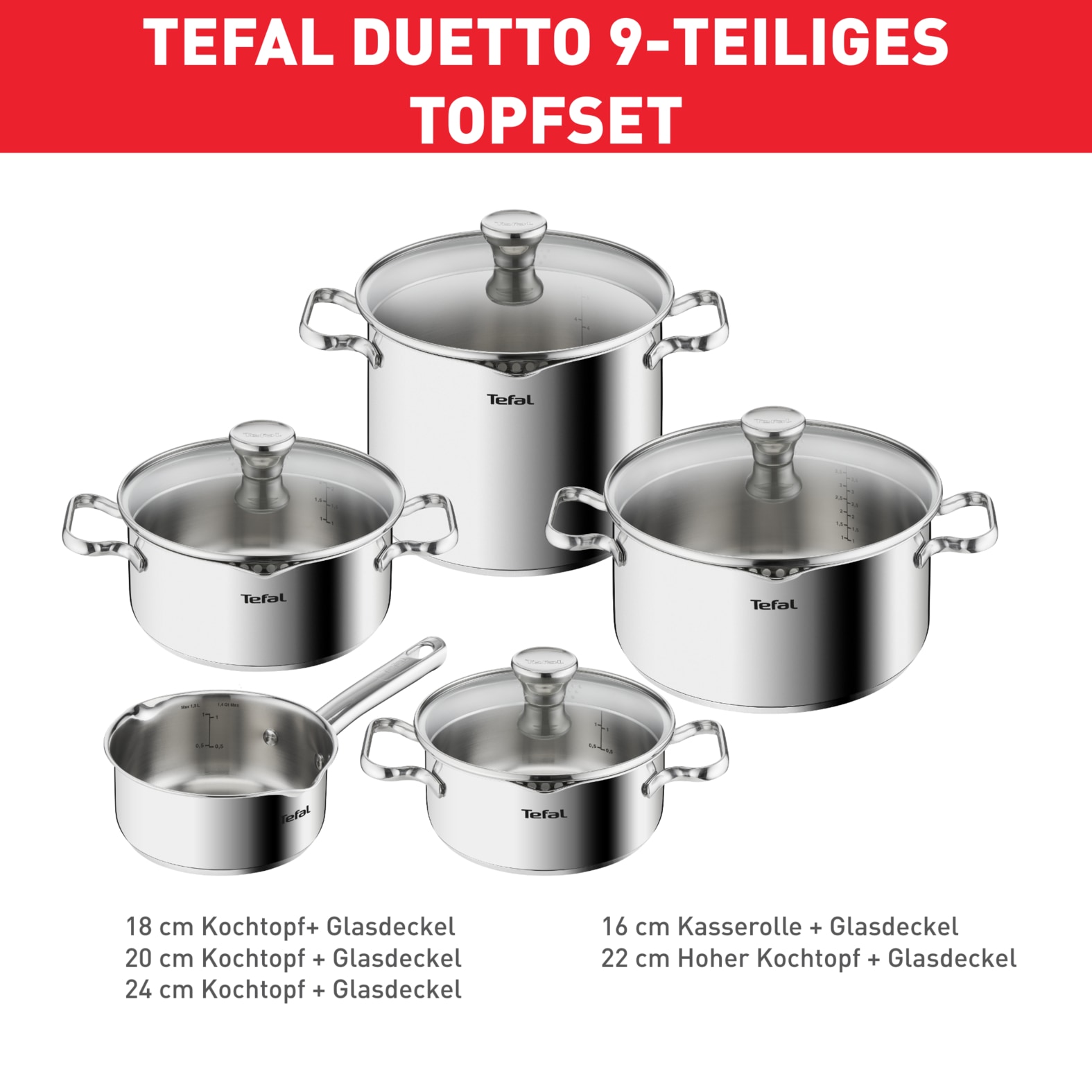 Tefal Topf-Set »Duetto Induktion, robust und hochwertig, Induktions Töpfe Set« Set, 1x Stielkasserolle 16 cm, je 1 Kochtopf mit Deckel 18/20/22/24 cm, 9 Stk. tlg. Edelstahl
