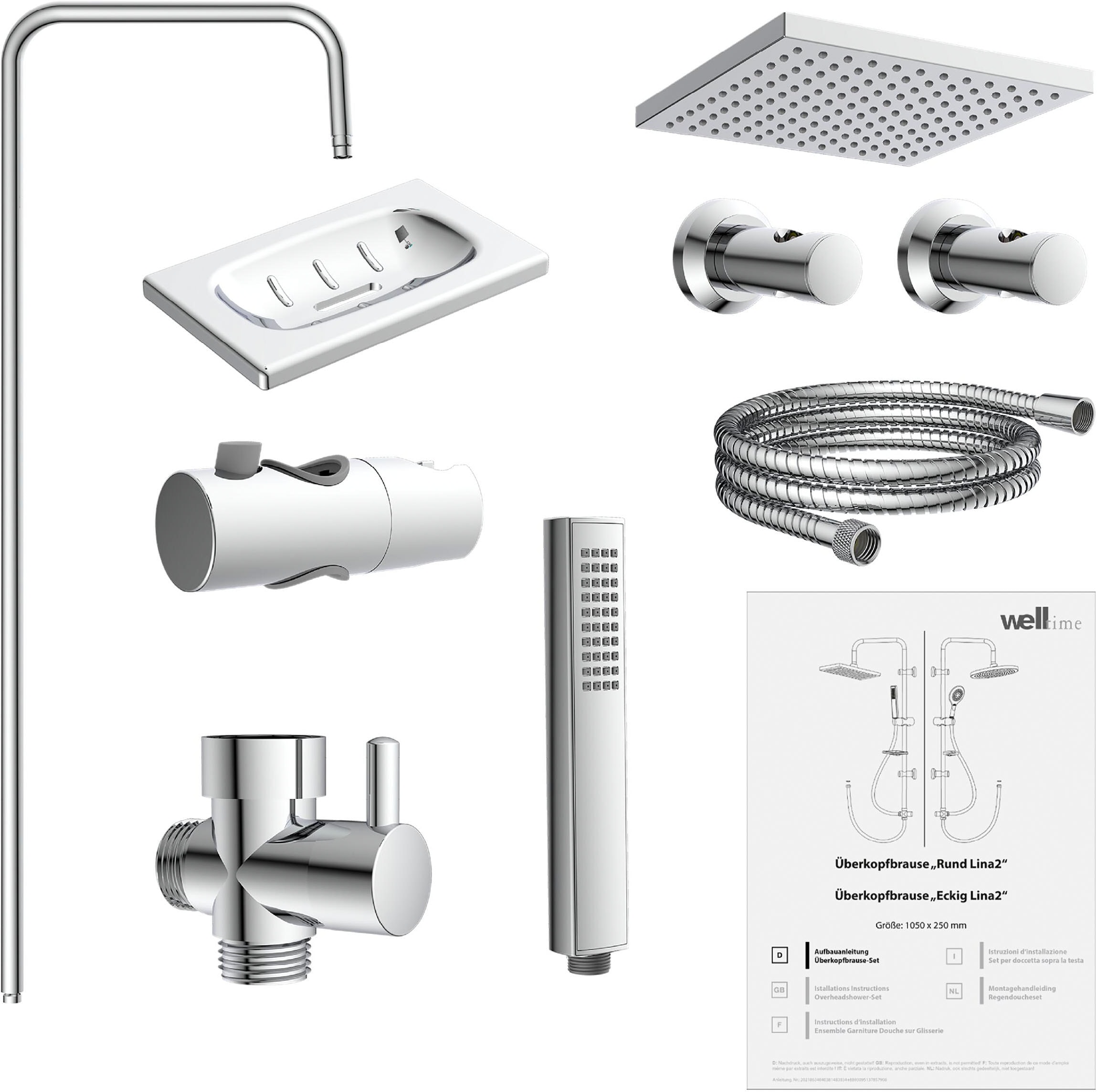 welltime Stangenbrause-Set »LINA« Überkopfbrause mit Seifenablage, 20 cm Kantenlänge.