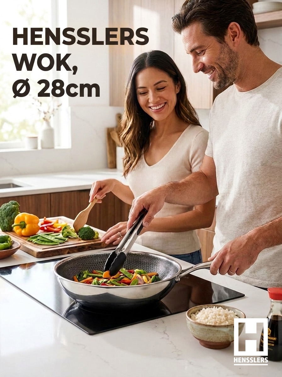 HENSSLERS Wok Edelstahl 1 tlg. 3-Schicht Materia, Wabenstruktur und Antihaftbeschichtung, Induktion