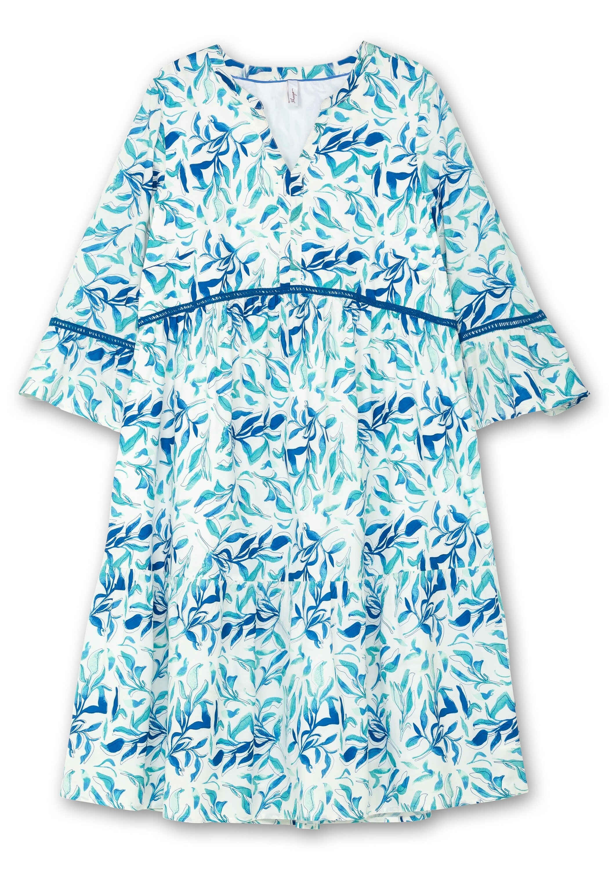 Sheego Sommerkleid »Kleid in A-Linie, mit Blätterprint und Hohlsaumspitze«