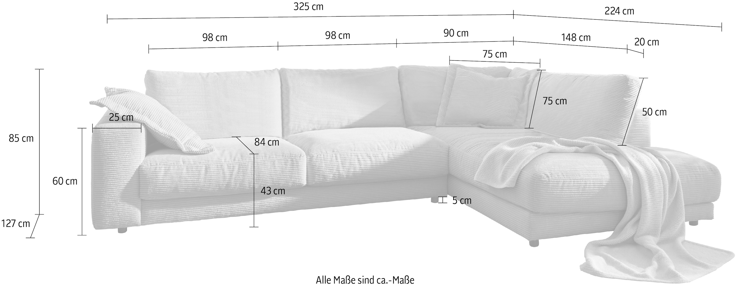 3C Candy Ecksofa »Enisa XXL B/T/H: 325/224/85 cm L-Form«, Kuschelig, gemütlich, in 5 Farben, Bezug in Cord, mit 2 Zierkissen