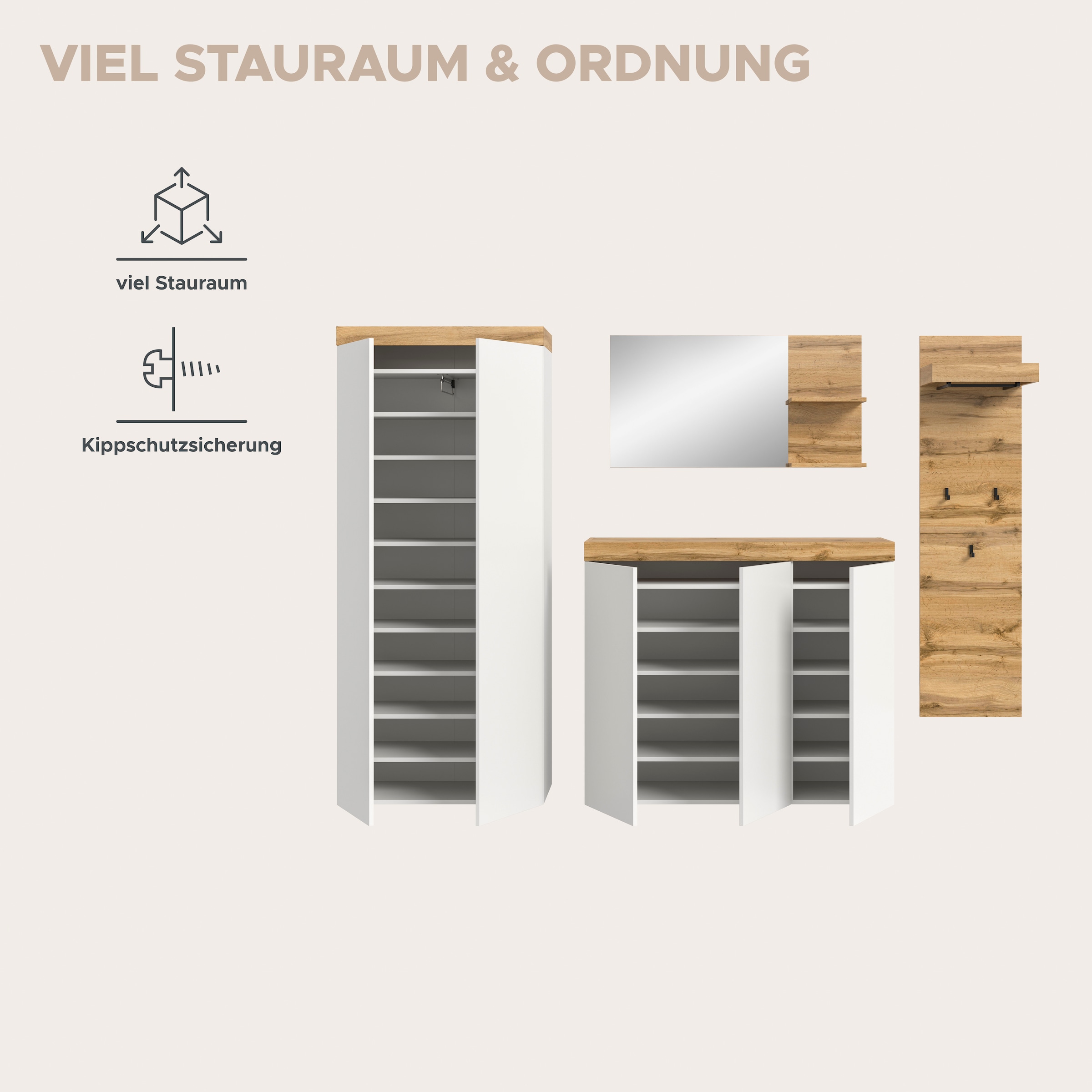 OTTO home Garderoben-Set »MAMBO, TOPSELLER!, 4-teilige Kombination, stehend & hängend montierbar« bestehend aus: Garderobenschrank, Kommode, Spiegel, Garderobenpaneel, 4 Stk. tlg.