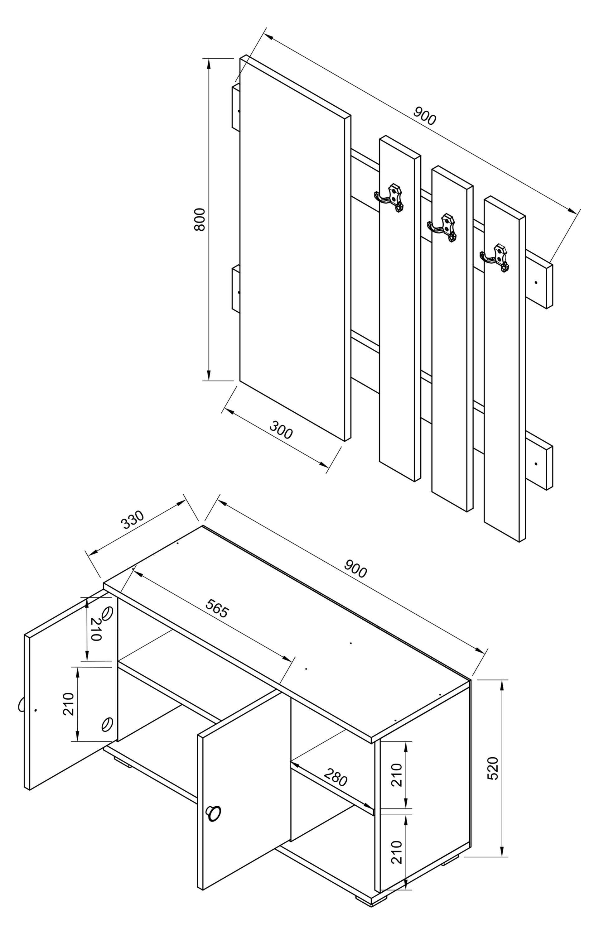VCM Schuhschrank »VCM Holz Sitzbank | 2-tlg.-Set | Schuhschrank | Maße: H. 82 x B. 90 x T. 33 cm | Wandpaneel mit 3 Haken und einem Spiegel| 2 Drehtüren | 2 Fächer | 2 offene Fächer - Gados XL«, (1 St.)