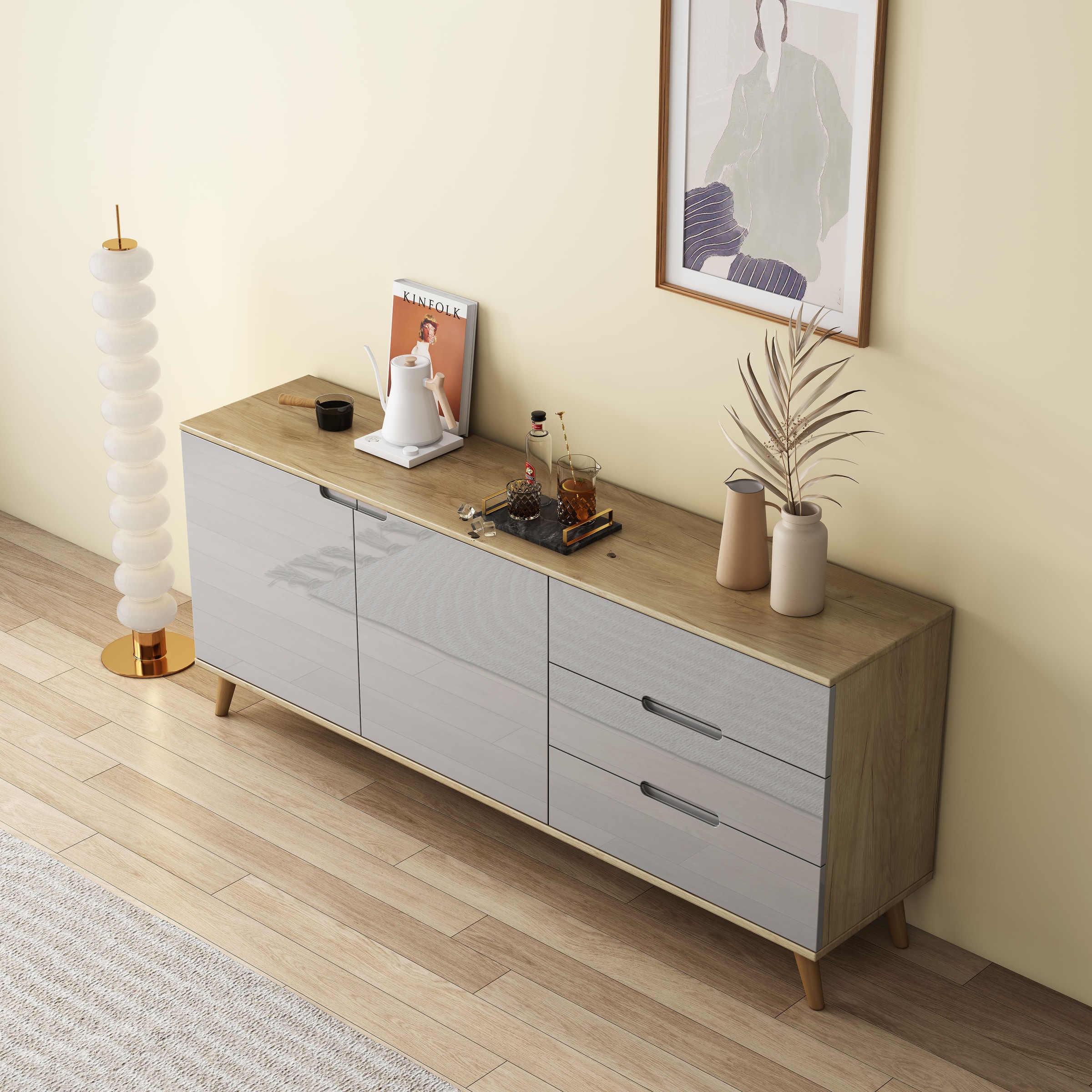 OTTO home Sideboard »Lund« mit glänzenden Fronten, Griffmulden, helles Holzdekor, Breite 180 cm