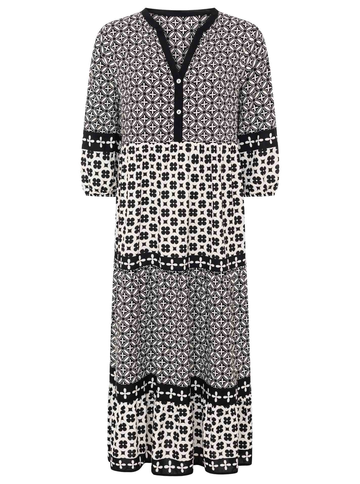Zwillingsherz Maxikleid »"Geometric"« Ohne Taschen Ornamentmustermix, Knopfleiste, 3/4 Arm