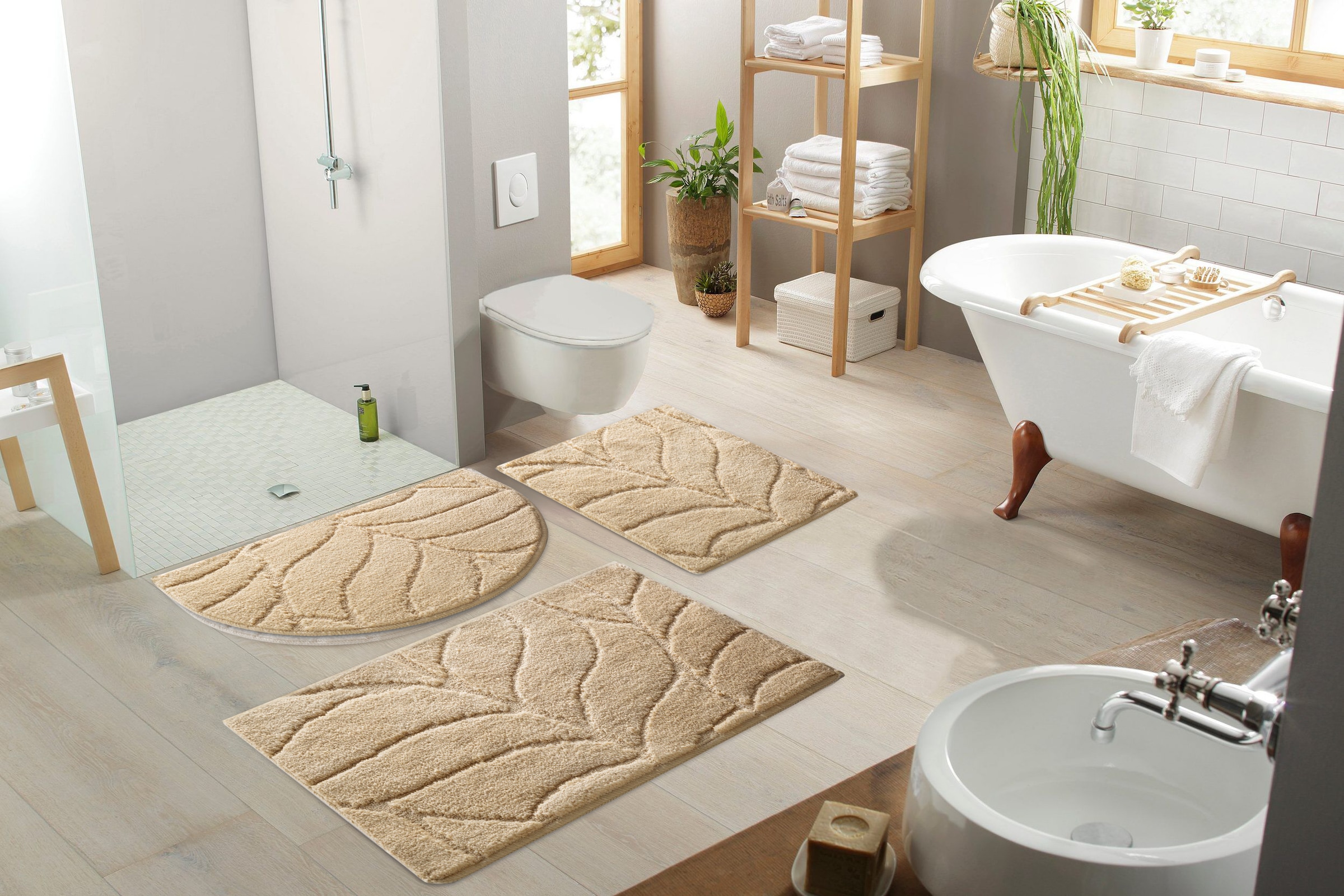 my home Badematte »Epense, Badvorleger, Badezimmer Teppich, Duschmatte mit Blattstruktur«, rutschhemmend beschichtet, fußbodenheizungsgeeignet-schnell trocknend, Badteppich, Uni, Blätter, Hoch-Tief, verschiedene Farben und Größen