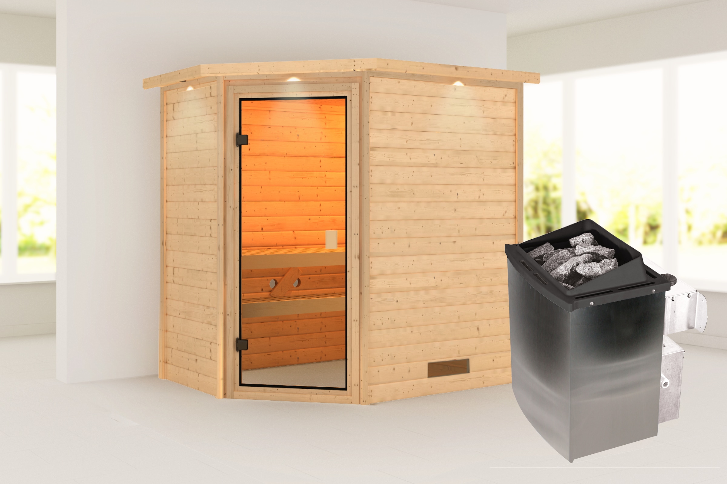 Karibu Sauna »"Juli" mit bronzierter Tür und Kranz SET, naturbelassen mit Ofen 9 kW« aus hochwertiger nordischer Fichte