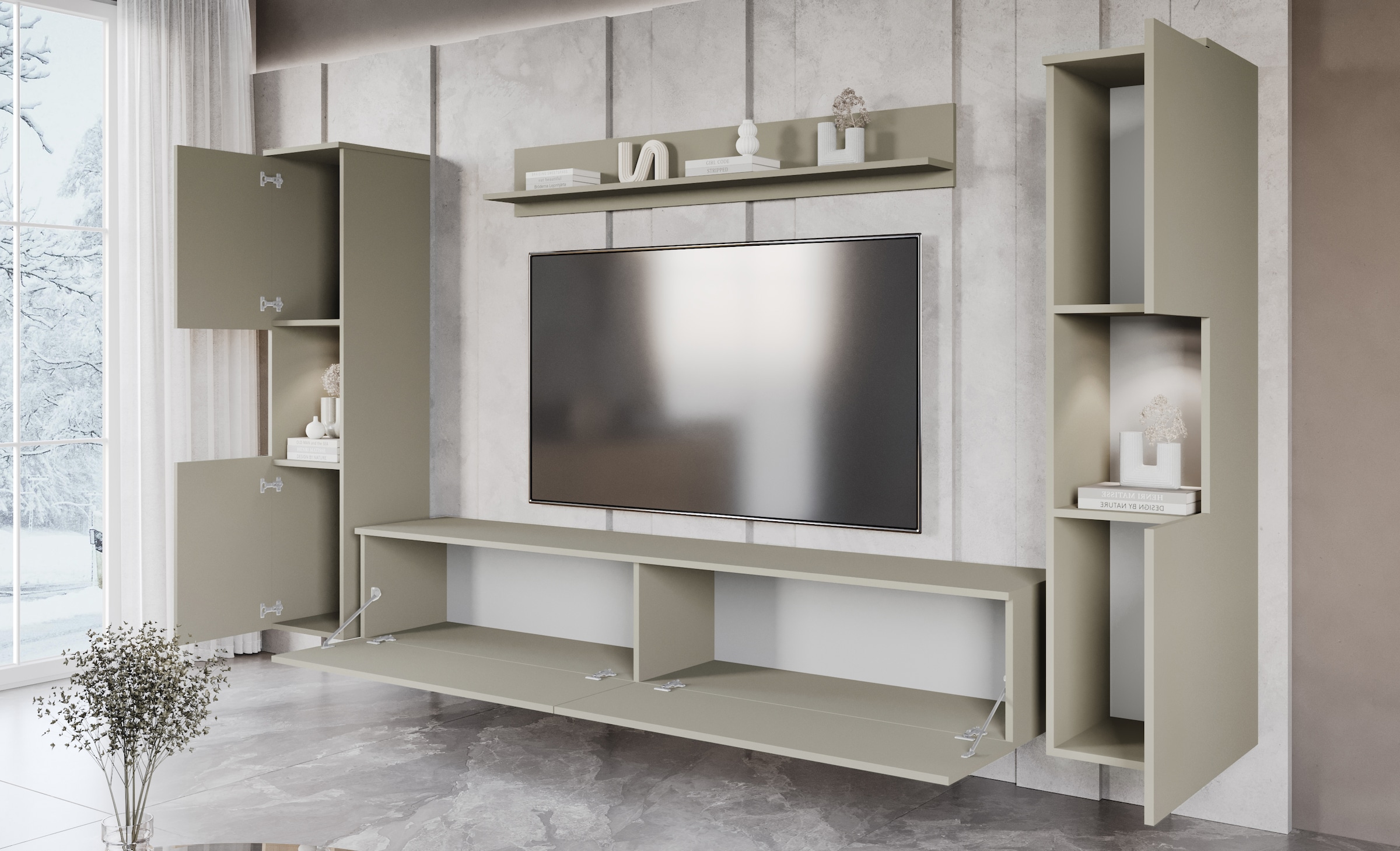 INOSIGN Wohnwand »PARIS, Vitrine Türanschlag links/rechts wechselbar«, (Komplett-Set, 4 St.), grifflose Design, stehend und hängend montierbar