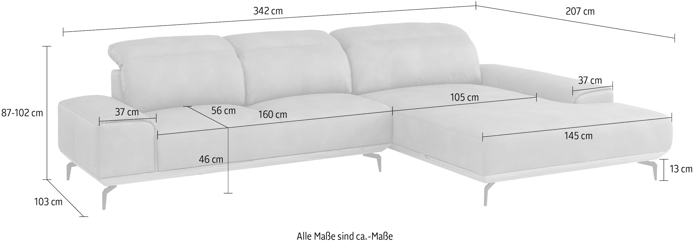 Musterring Wohnlandschaft »MR 2490«, Fuß schwarz, Sitzhöhe 48cm, wahlweise mit Funktionen, Maße 342x207 cm