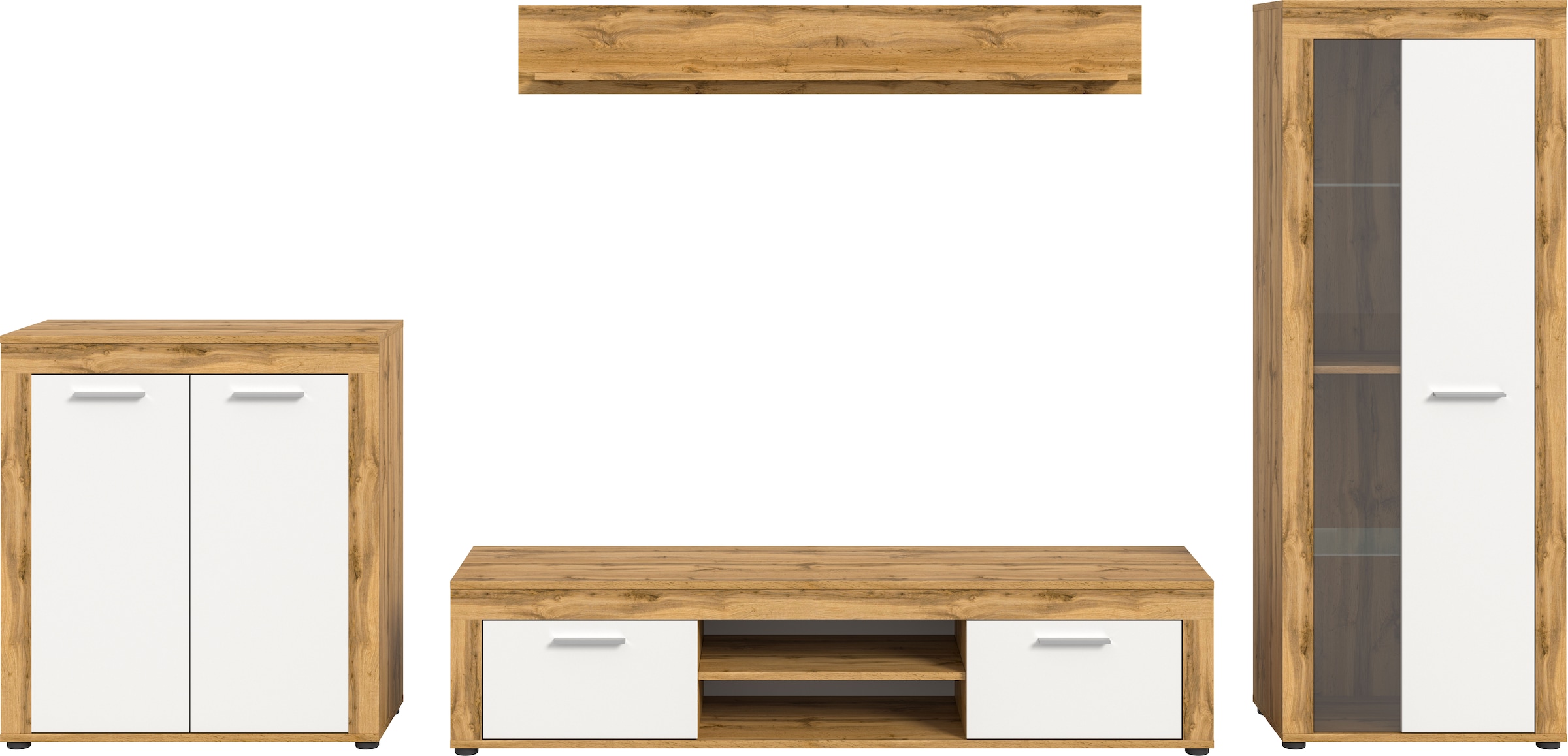 INOSIGN Wohnzimmer-Set »Aosta, Breite 330cm, best. aus Highboard, Lowboard, Wandboard, Vitrine«, (4 St.), Wohnwand, Kombination, Anbauwand, Möbel Set, Schrankwand, Möbel Kombi