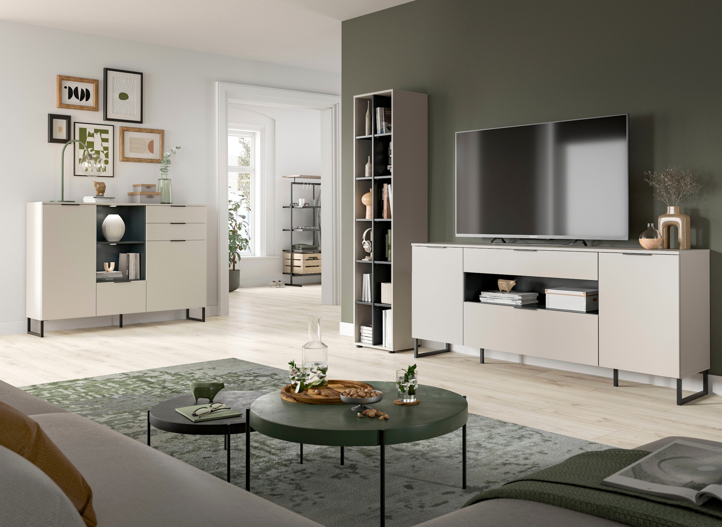 INOSIGN Wohnwand »ADIO, Breite 245 cm, 2-teiliges Set, mit Metall-Kufenfüße« Set, bestehend aus: Standregal und Sideboard, 2 Stk. tlg.