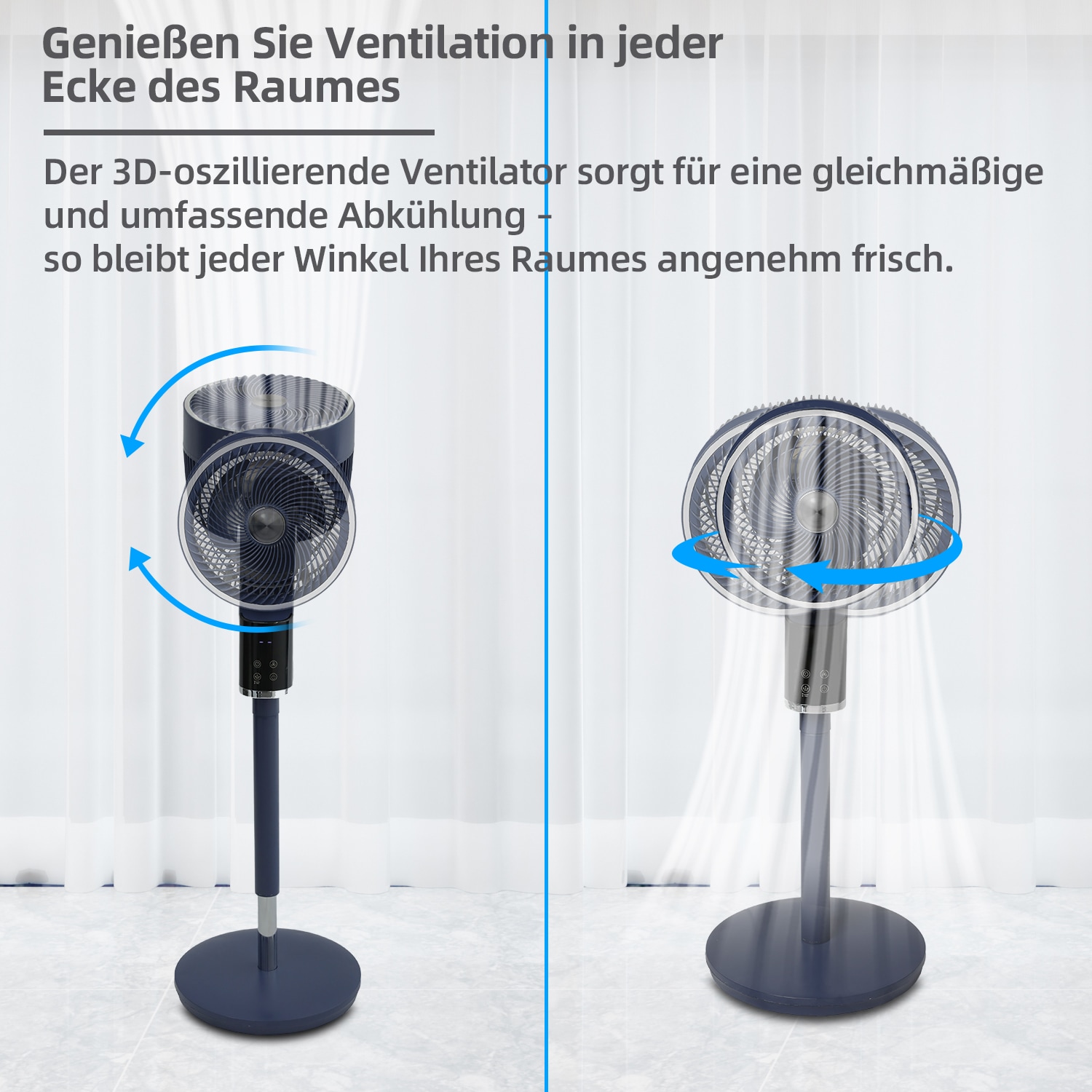 be cool Standventilator »Design-Standventilator 26cm mit 3D-Oszillation & Aromabox blau«, 3D-Osszilation, Aromabox