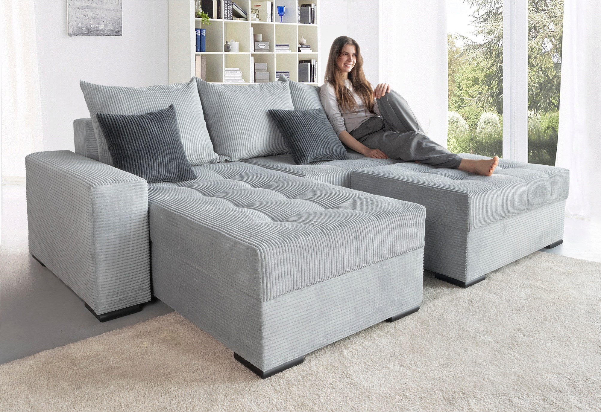 COLLECTION AB Ecksofa »Josy L-Form, Breite 214 cm, mit 3 großen Rückenkissen«, (Cord-/Mix), mit Bettfunktion und Bettkasten, Federkern