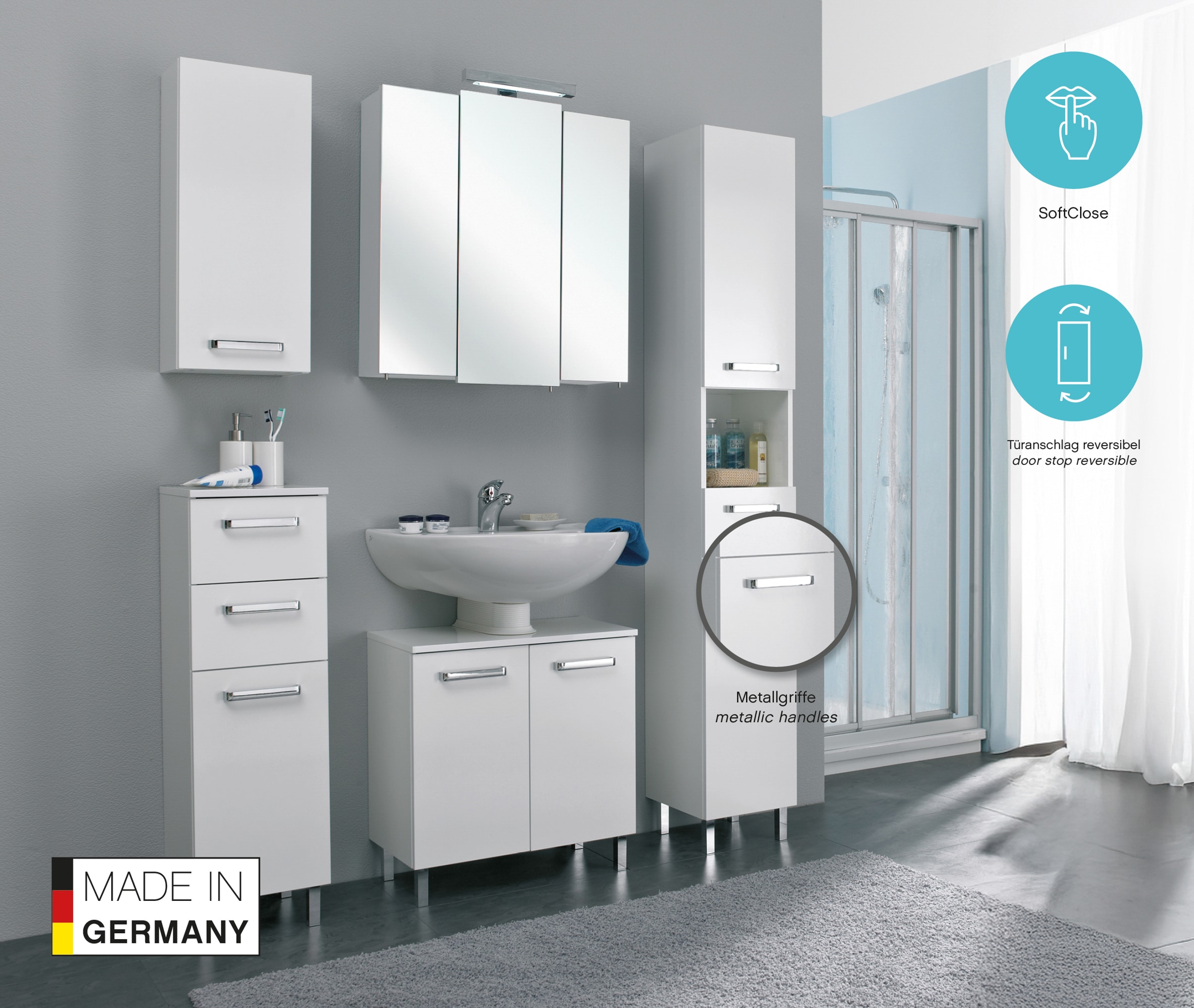 Saphir Unterschrank »Quickset Badschrank mit 1 Tür, 2 Schubladen, 30 cm breit« Badezimmer-Unterschrank inkl. Türdämpfer, Griffe in Chrom Glanz