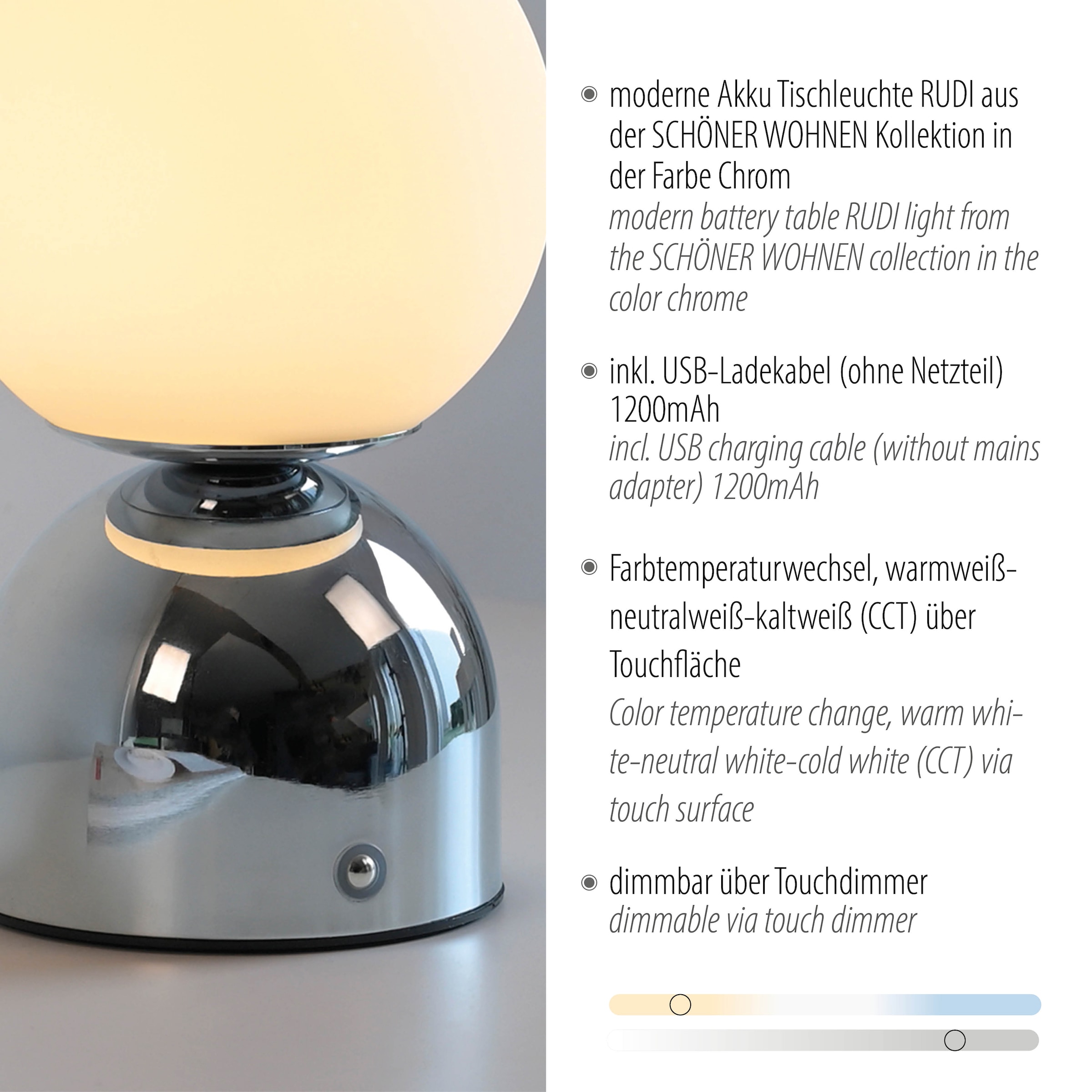 SCHÖNER WOHNEN-Kollektion LED Tischleuchte »RUDI« LED-Board 1 Stk. warmweiß - kaltweiß SCHÖNER WOHNEN Kollektion, CCT 3000-6000K, Touchdimmer, Memoryfunktion