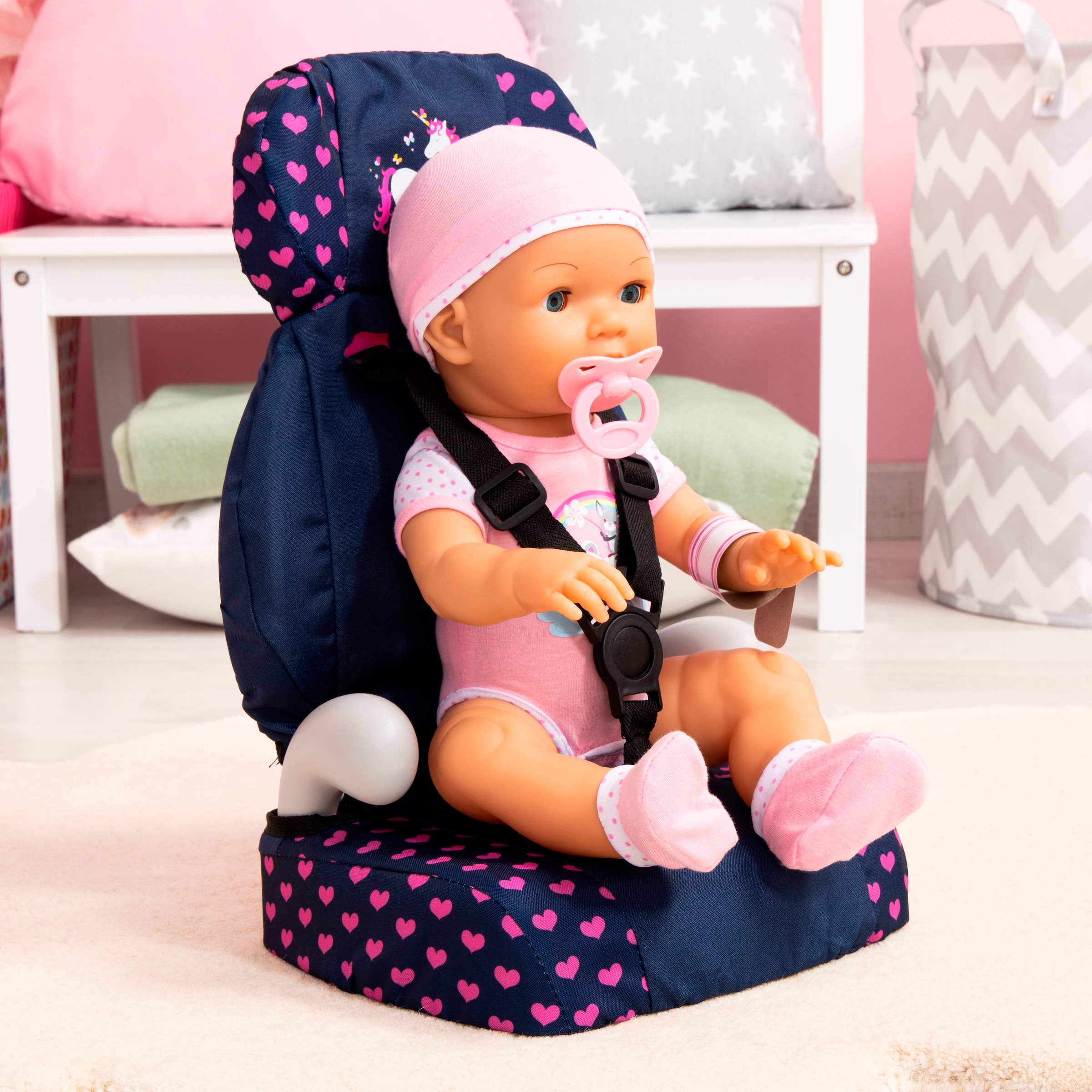 Bayer Puppen Autositz »Deluxe blau/pink Einhorn«