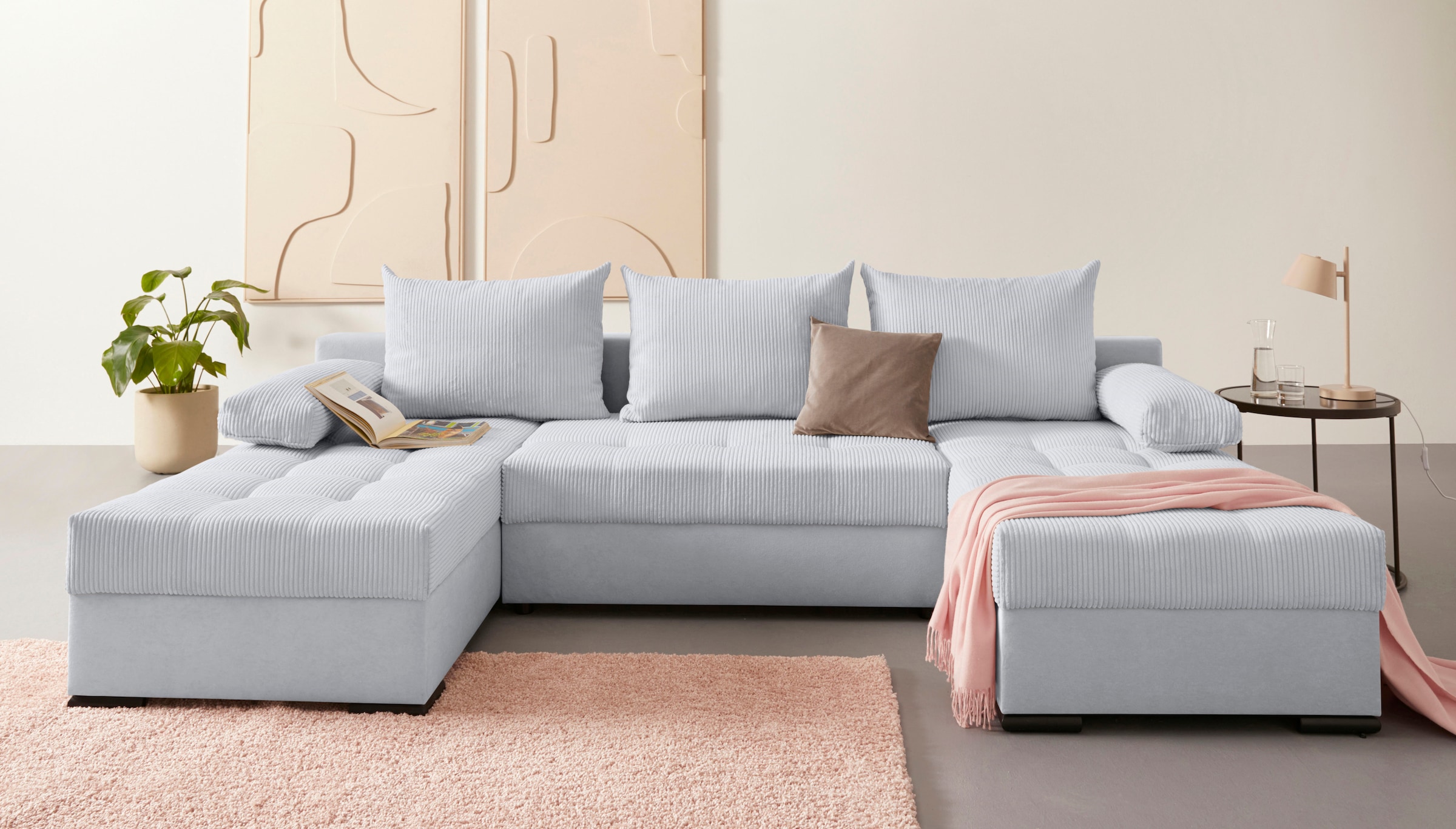 COLLECTION AB Wohnlandschaft »Josy, U-Form, Schlafsofa mit Bettkasten«, (Cord-/Mix), flexible Recamiere, Breite: 269cm, inklusive Rückenkissen, Cord/Mix