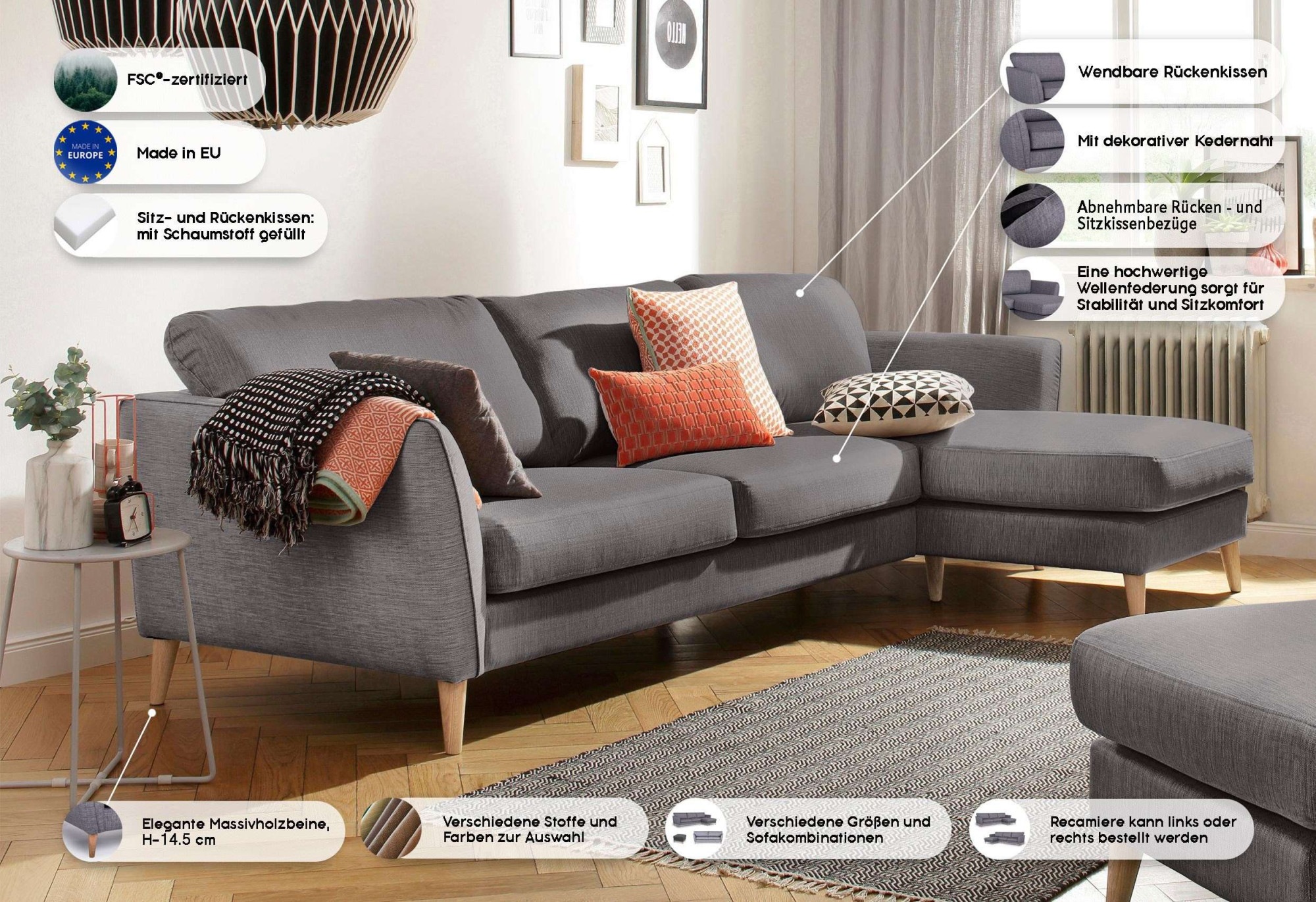 Home affaire Ecksofa »MARSEILLE (242/152cm),L-Form, Rec. rechts/links«, Massivholzbeine aus Eiche, in verschieden Bezügen und Farbvarianten