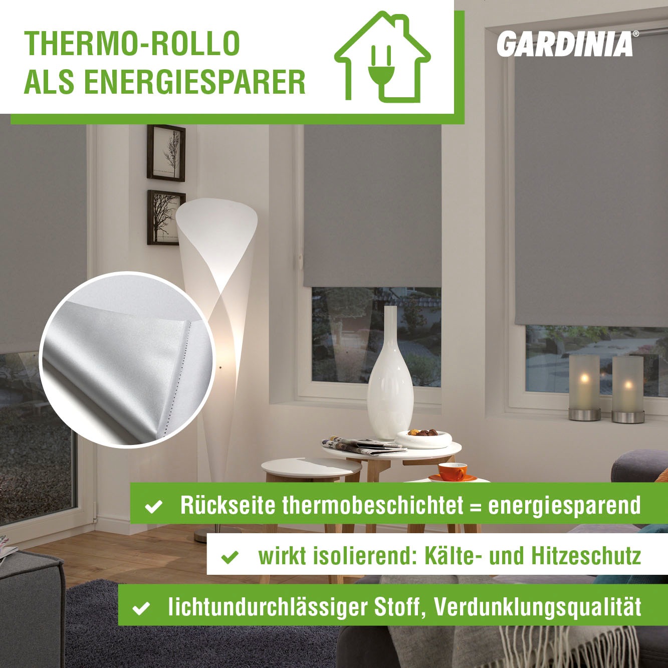 GARDINIA Seitenzugrollo »Uni-Rollo - Thermo Energiesparend«, verdunkelnd, energiesparend-Sichtschutz, mit Bohren, freihängend, Abschlussprofil in weiß