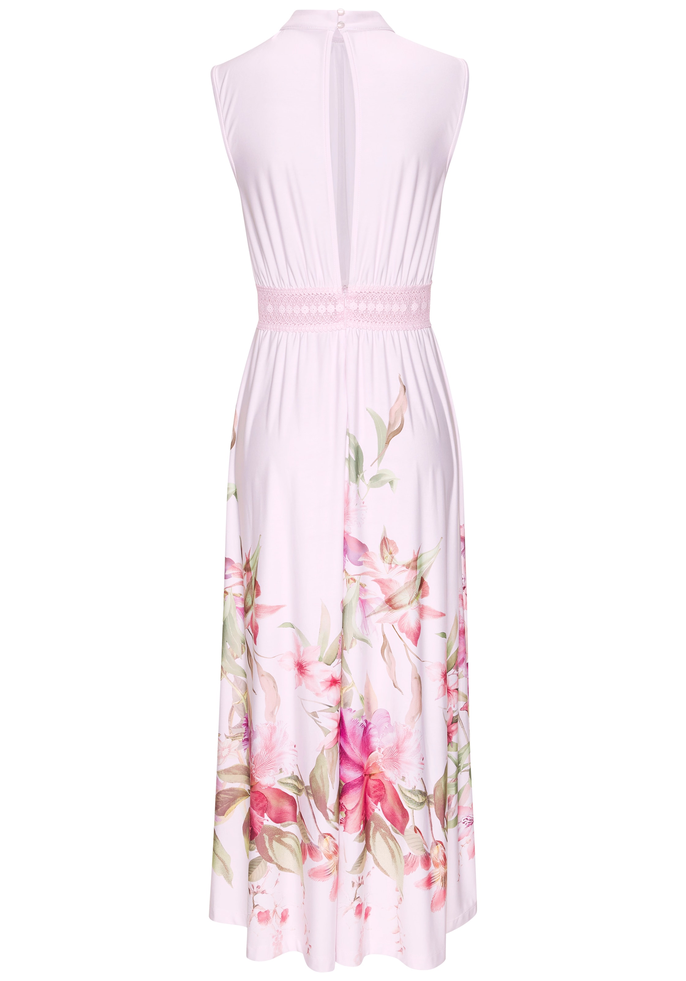 LASCANA Maxikleid »aus glatter bügelfreier Ware« mit Blumendruck, Sommerkleid mit Spitzeneinsatz, Jerseykleid, festlich