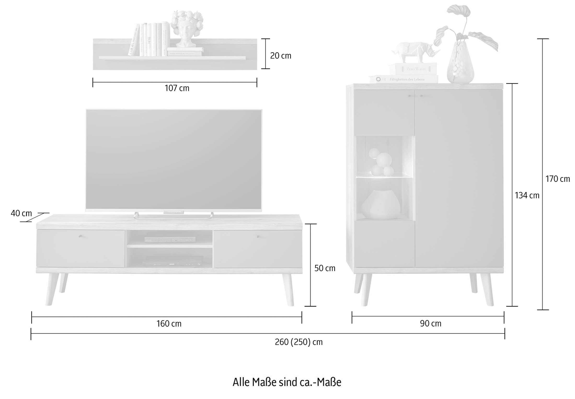 INOSIGN Wohnwand »MAVAS«, (Set, 3 St.), in moderner Trendfarbe, Griffe aus Metall (Schwarz), Breite 260 cm
