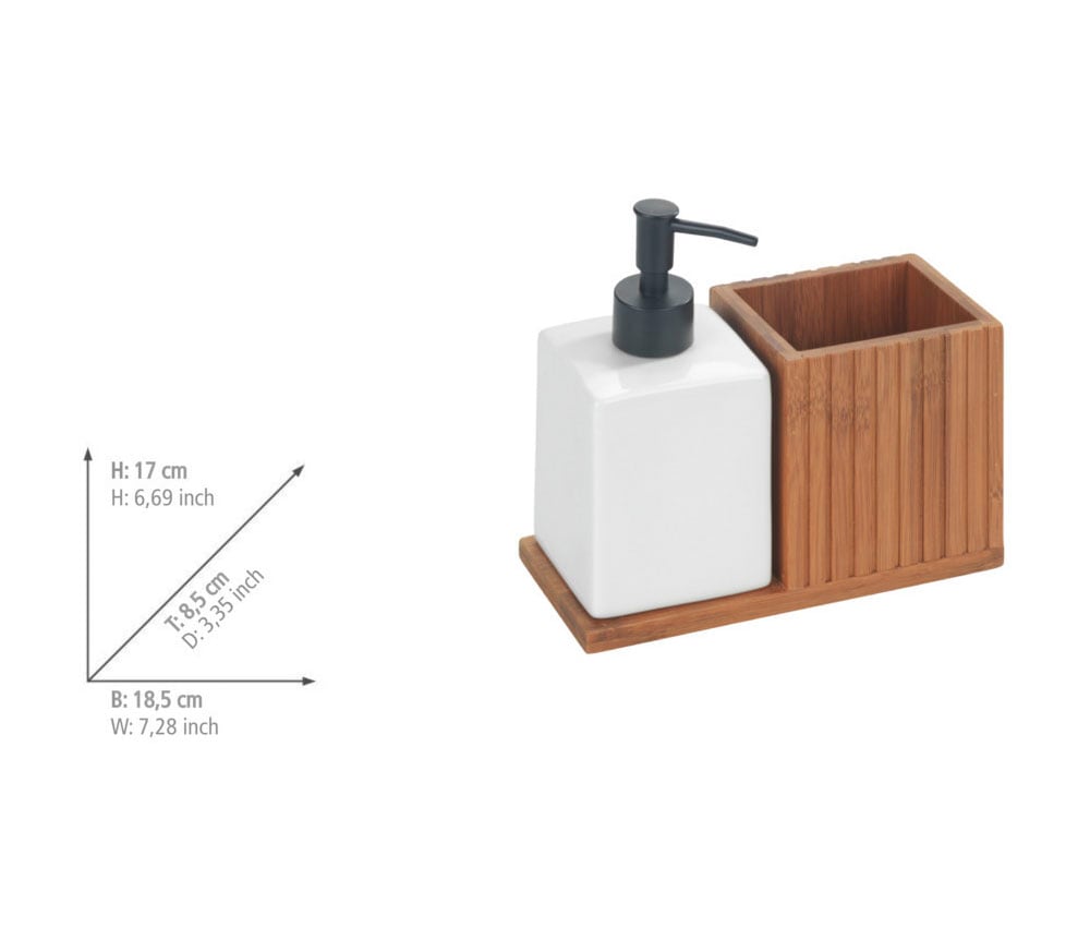 WENKO Spülmittelspender »Modell Mera«, mit Utensilienhalter, Keramik & geräucherter Bambus, Landhaus-Stil