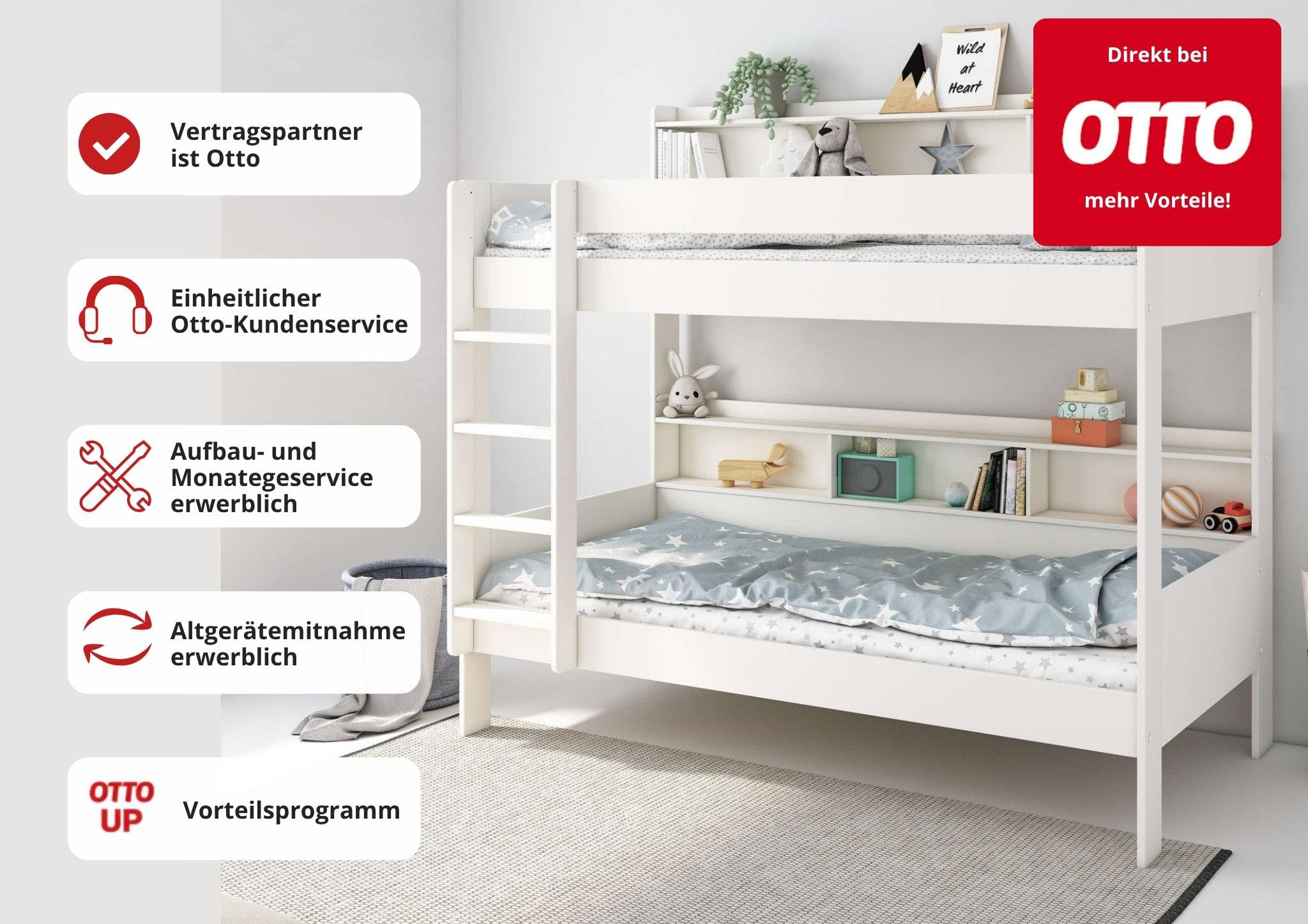 OTTO home Etagenbett »JAIME, Stockbett, Leiter links oder rechts montierbar« ca. 186x115x204 Höhe/Breite/Länge,  FSC® zertifiziertes Massivholz, viel Stauraum und Abstellfläche