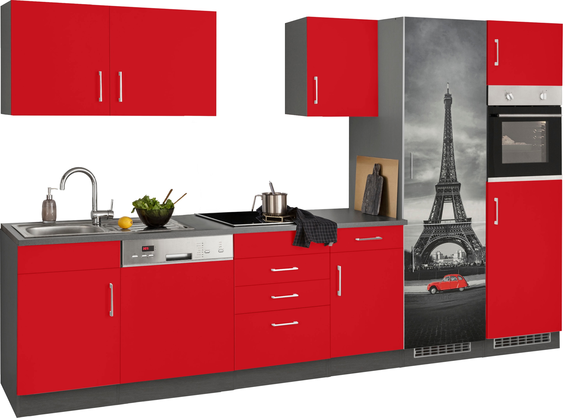 KOCHSTATION Küchenzeile »KS-Paris – Küchen mit einzigartigen Fotomotiven auf den Fronten« Breite 340 cm, wahlweise mit E-Geräten und Induktion