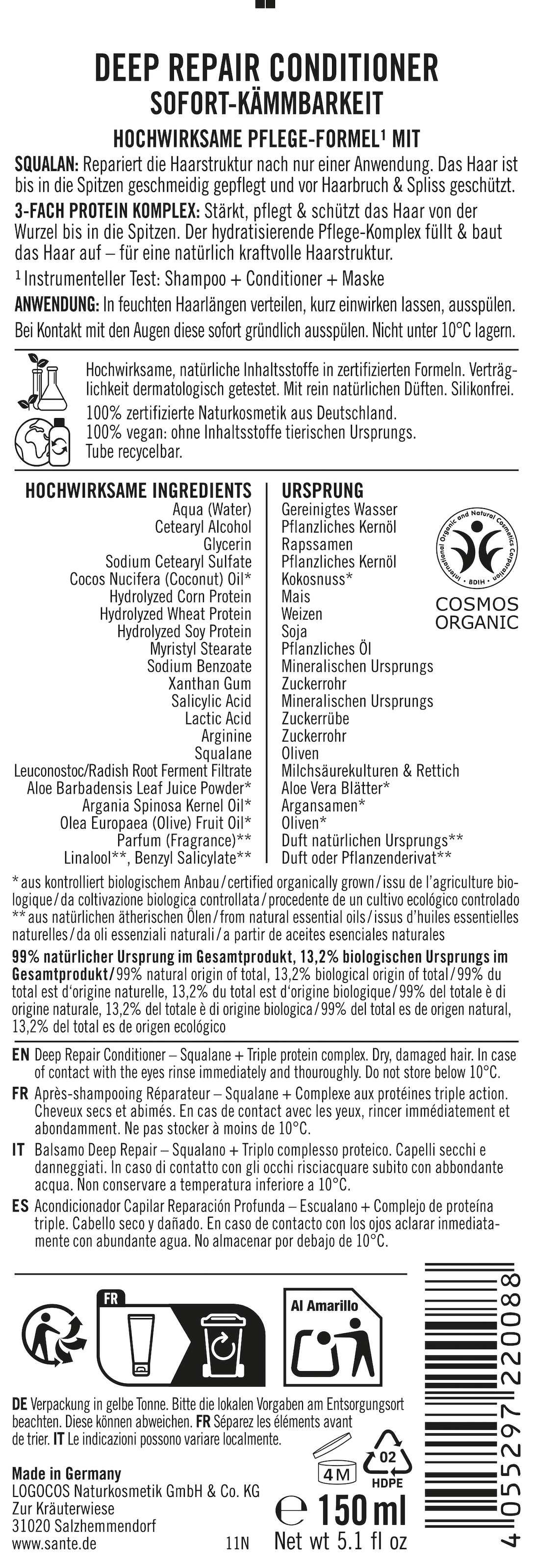 SANTE Haarspülung »Deep Repair Conditioner Squalan + 3-Fach Protein Komplex« Haarspülung, mit Kokosöl, Arganöl und Olivenöl, für strapaziertes Haar