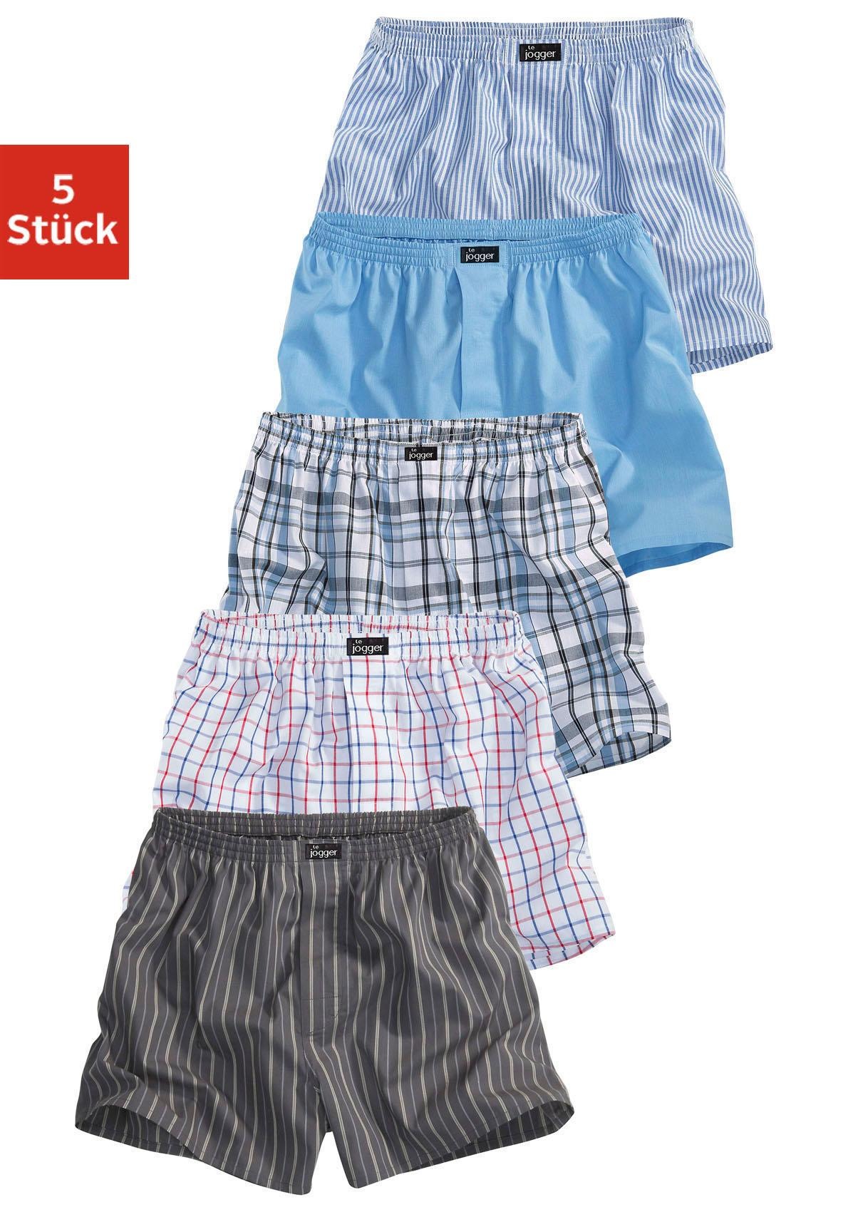 le jogger® Boxershorts, (Packung, 5 St.), gewebte Qualität in wechselnden Designs und Farben