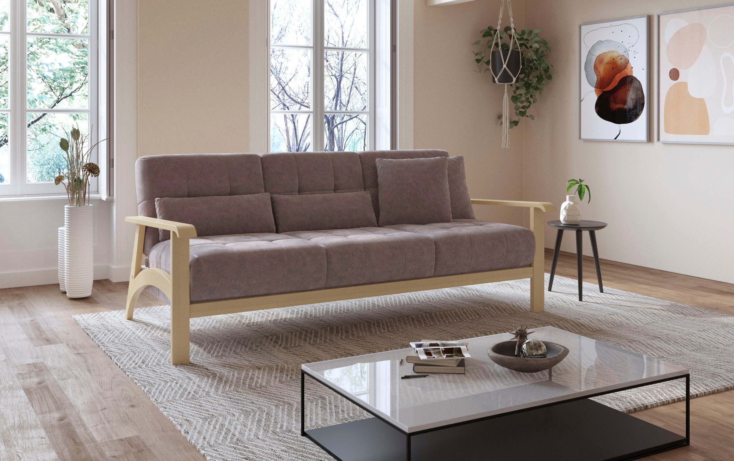 sit&more 3-Sitzer »Billund«, Armlehnen aus Buchenholz in natur, verschiedene Bezüge und Farben