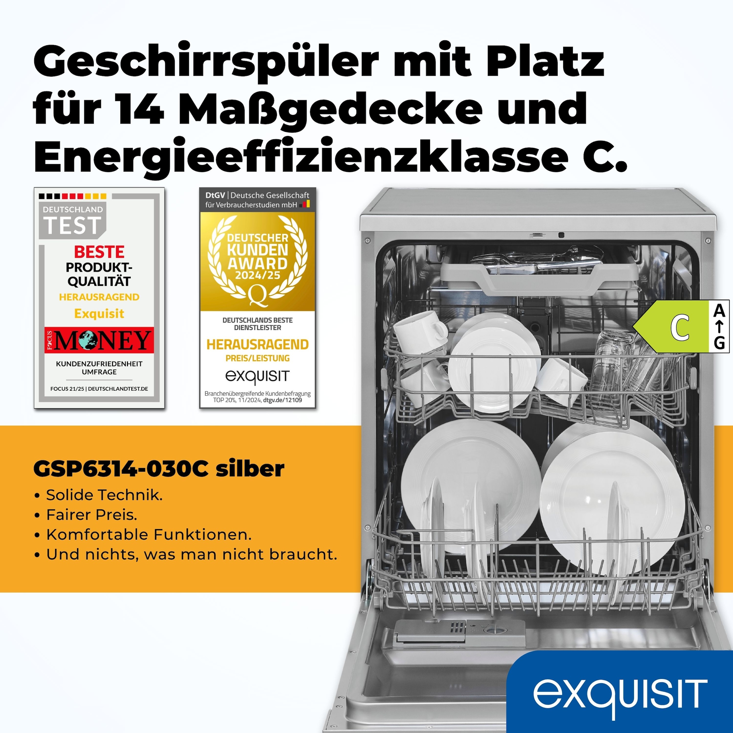 exquisit Standgeschirrspüler 6314 »GSP6314-030C silber« 10,2 l 14 tlg. Maßgedecke Effizient, leise, 14 Maßgedecke – smartes Spülen mit LED-Komfort